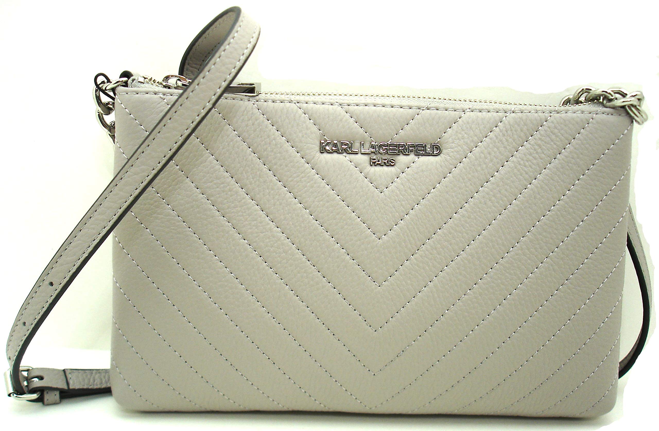 Karl Lagerfeld Paris Charlotte Small Pebbled Leather Crossbody Bag - Light Grey/Silver | Fashionable & Elegant for Women | Perfect for Work, Travel & Evening Out