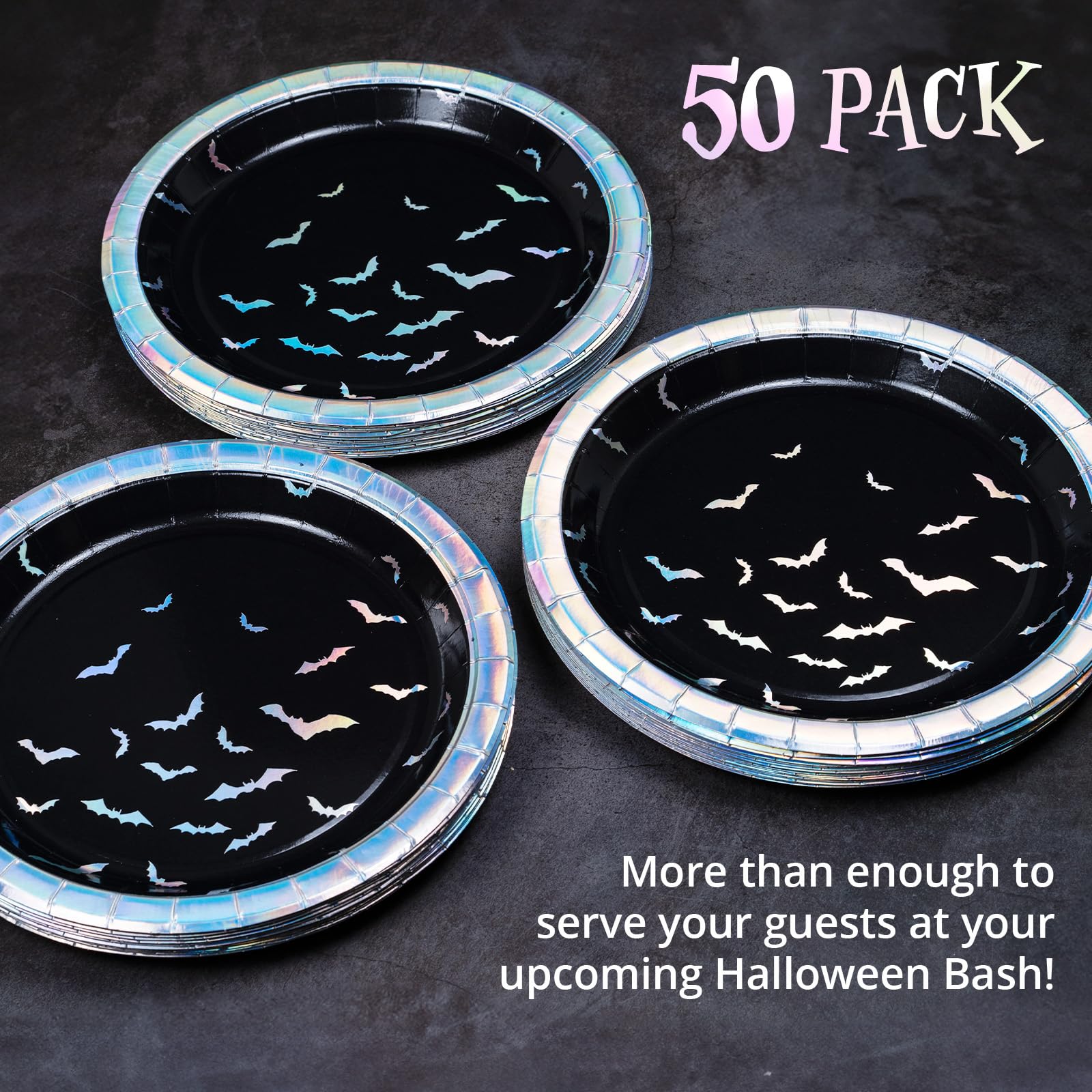 50-Count Halloween Paper Plates - Disposable Dinner Plates with Bats & Iridescent Silver Foil Design for Halloween Party Supplies, Decorations & Spooky Celebrations