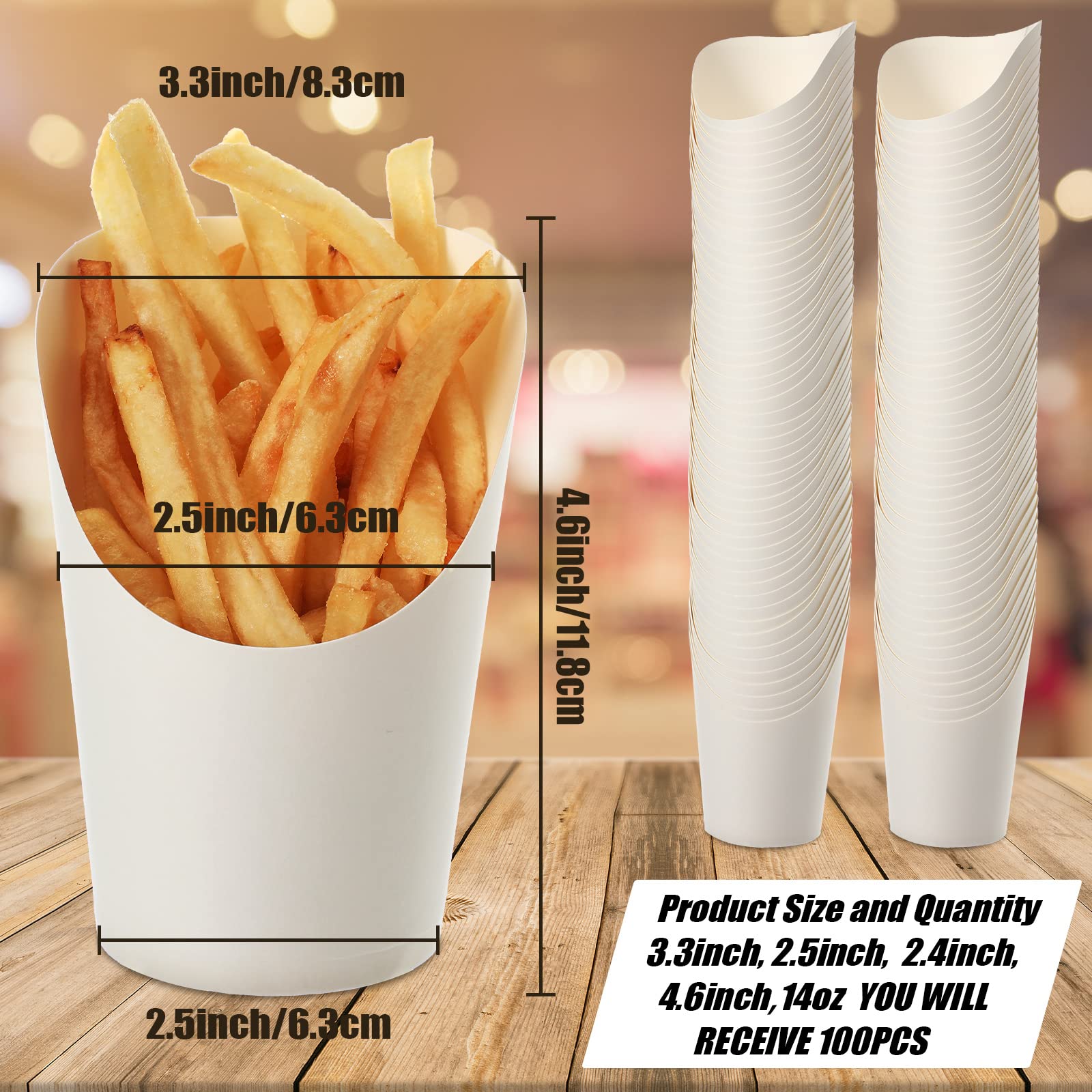 Disposable French Fries Holder 14 oz - 100 Pack White Kraft Paper Cones for Takeout, Parties, Weddings - Perfect for Ice Cream, Popcorn, Waffles & Finger Foods - Eco-Friendly Baking & Catering Supplies