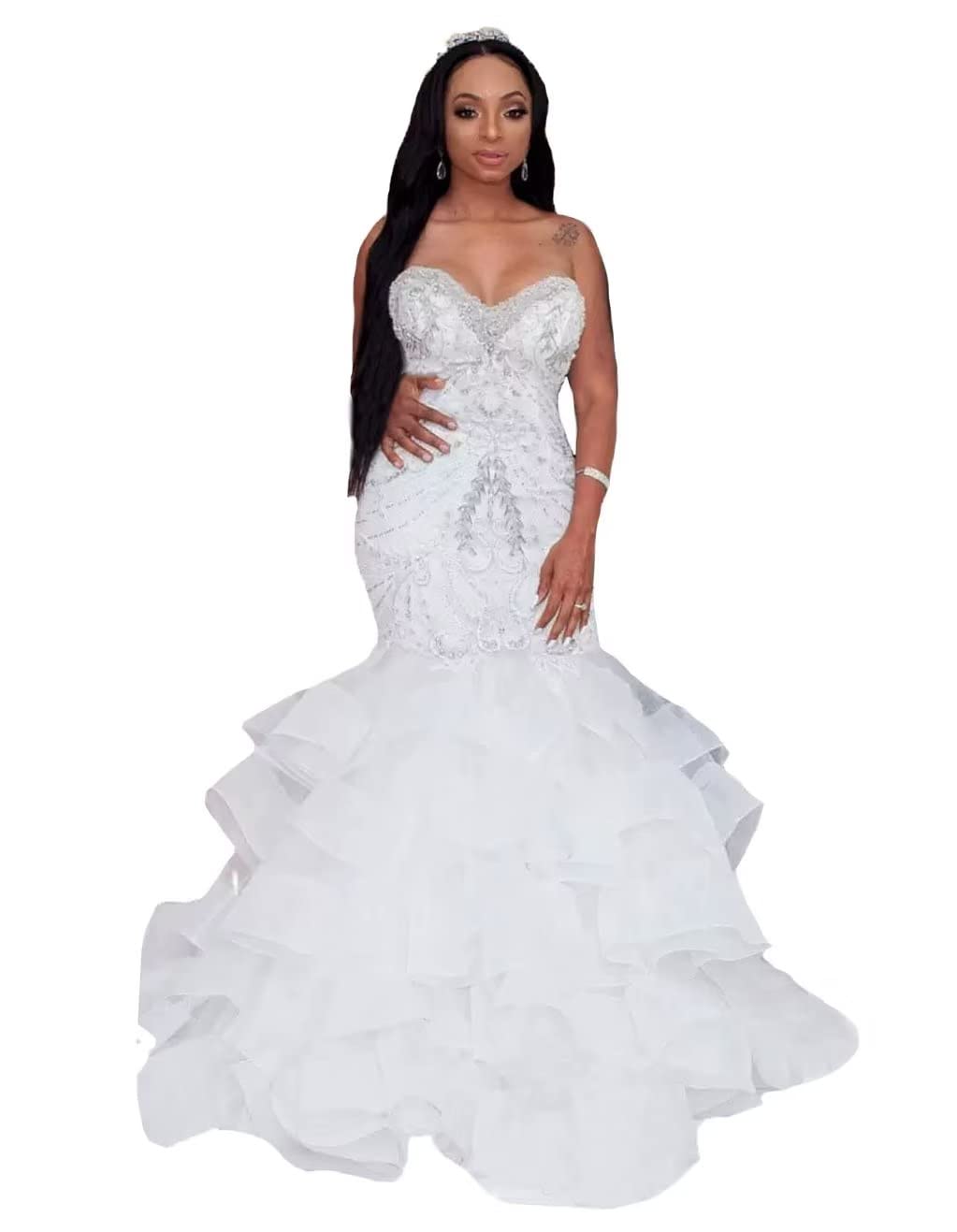 Elegant White Mermaid Wedding Dress with Beaded Details & Organza Tulle Ruffles for Bride – Perfect for Beach, Church, and Formal Wedding Ceremonies