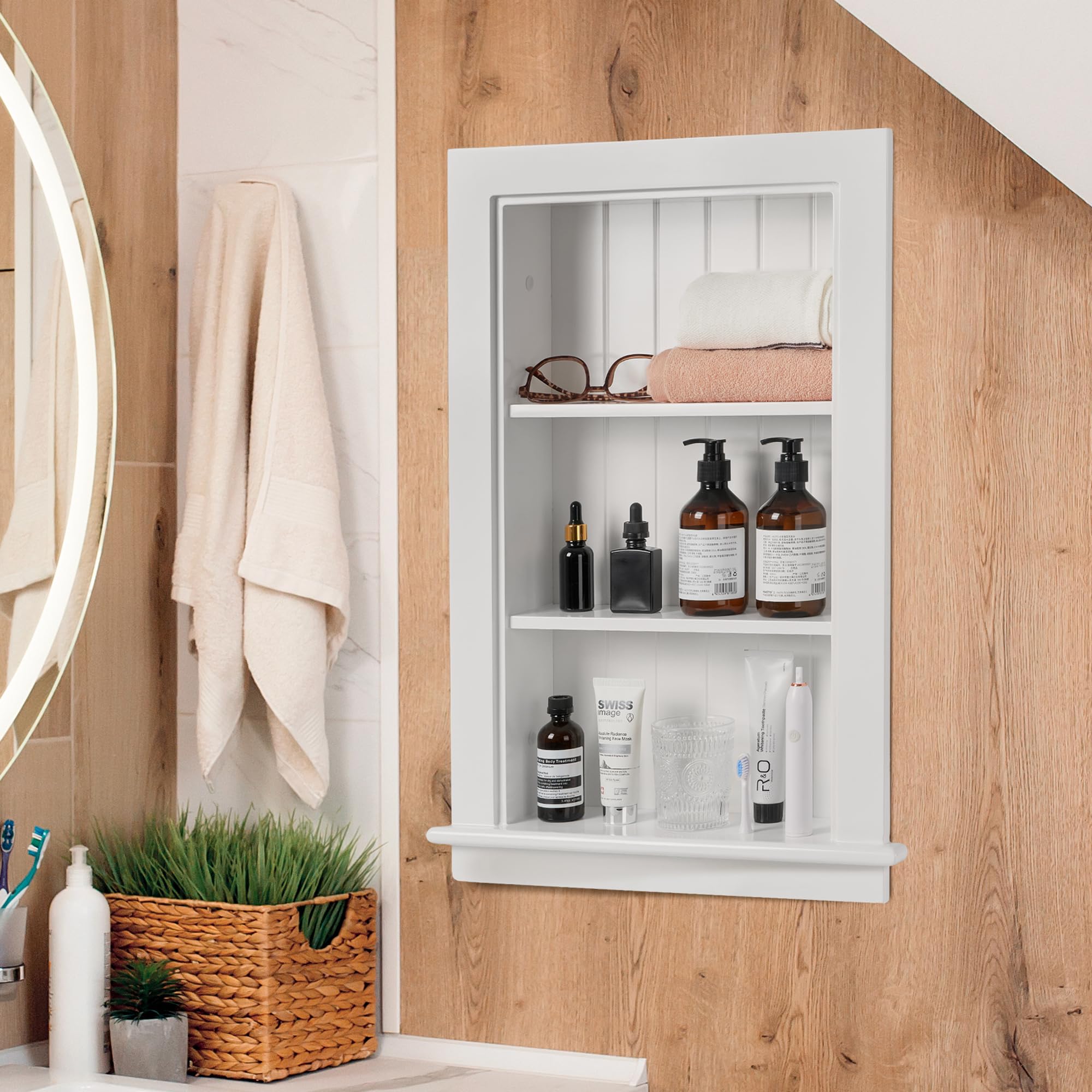 14 x 24 Inch Recessed Medicine Cabinet for Bathroom - 3-Tier Wall Niche Between Studs, White Drywall Shelving - Perfect for Small Bathrooms, Vanities & Space-Saving Storage