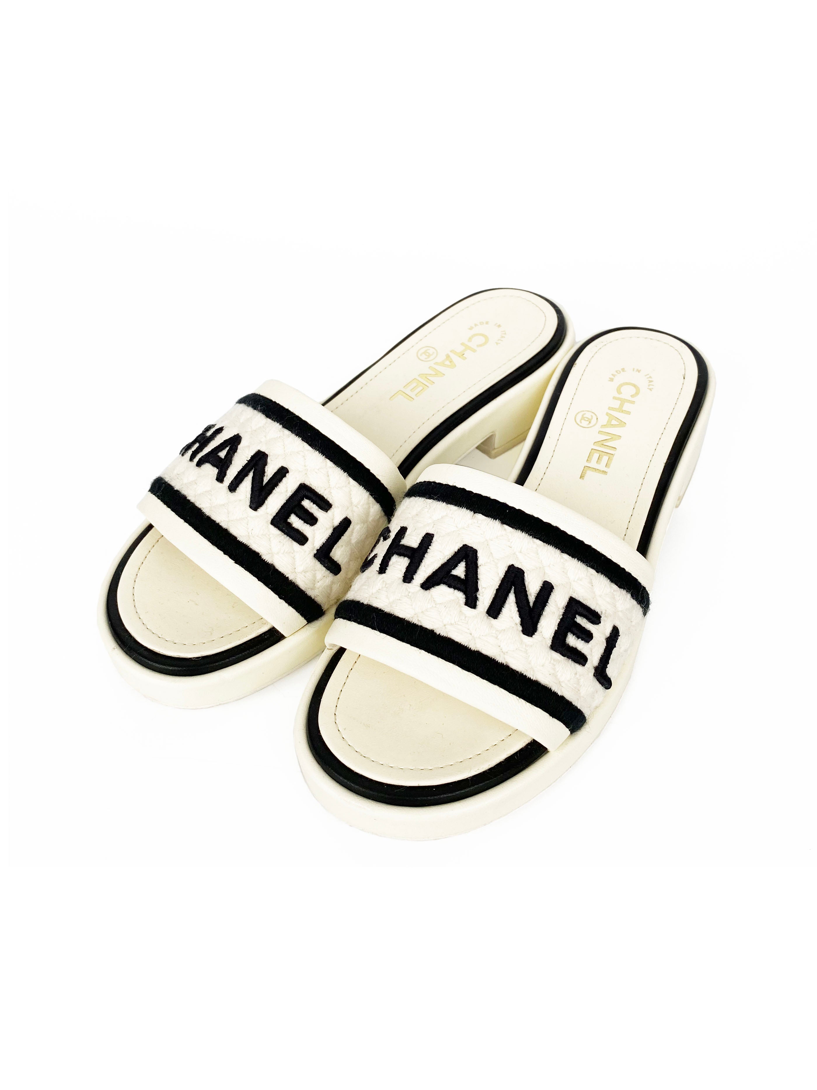 Chanel White Logo Sandals for Women Size 38 - Luxury Designer Summer Slide Sandals for Beach, Vacation & Casual Outfits