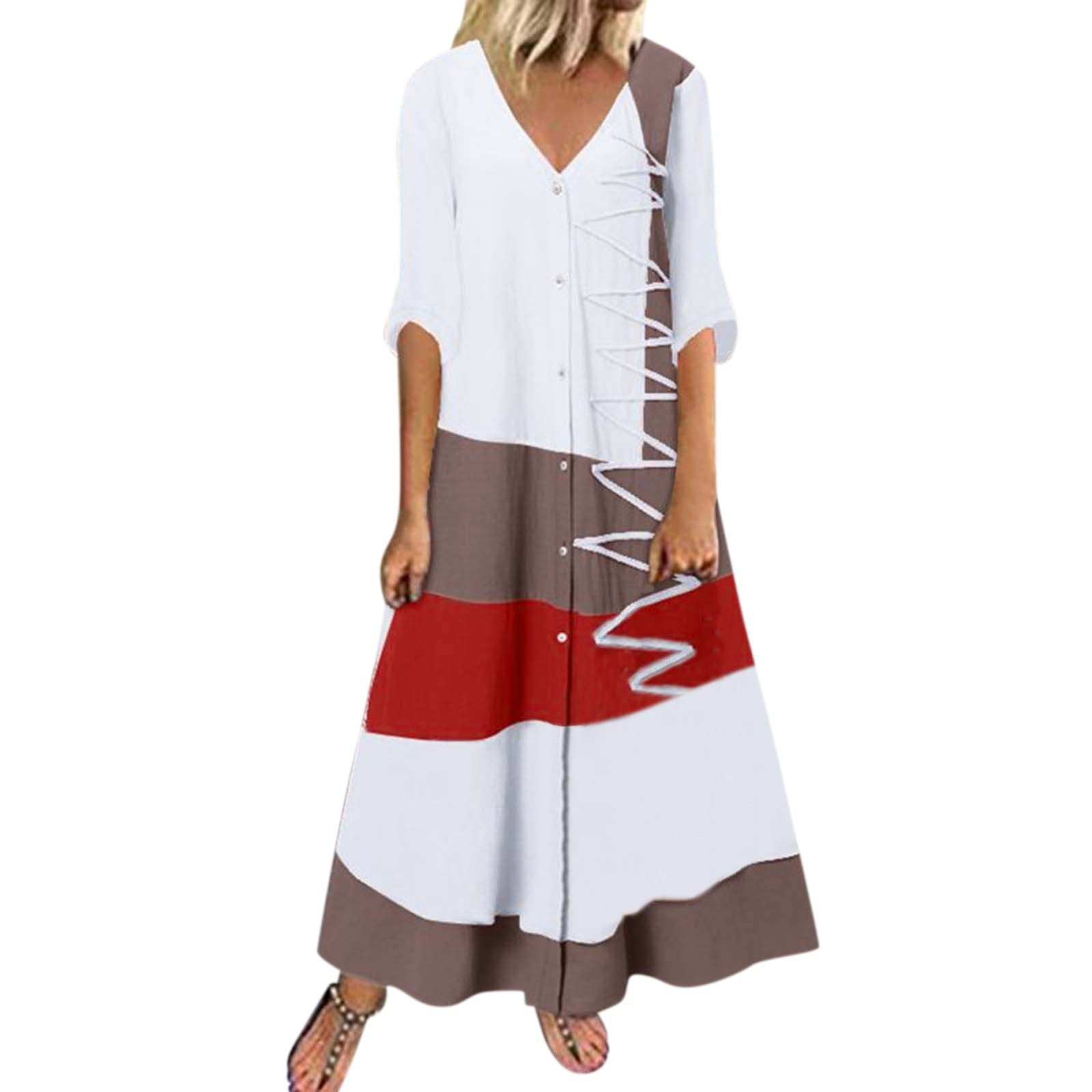 Floral Work Dress for Women - Casual Color Block Splicing Dress with Short Sleeves, Loose Fit Party Long Dress | Office Wear, Summer Outfits, Wedding Guest Dresses