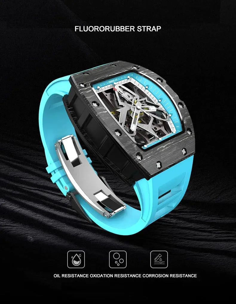 Premium CRONUSART Men's Automatic Skeleton Watch - Luxury Tonneau Design with Carbon Fiber Case, Luminous Hands & Fluororubber Strap - Perfect for Business, Formal Events & Gift Giving