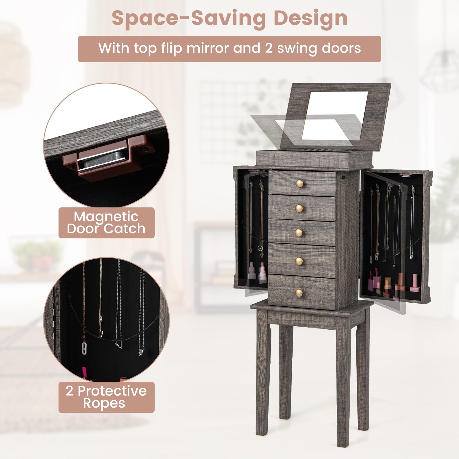 Giantex Wooden Jewelry Storage Cabinet with 5 Drawers & 8 Necklace Hooks - Standing Jewelry Armoire with Flip Mirror, 4 Compartments & 2 Side Doors - Antique Washed Gray Finish - Perfect for Bedroom, Closet & Dressing Room Organization