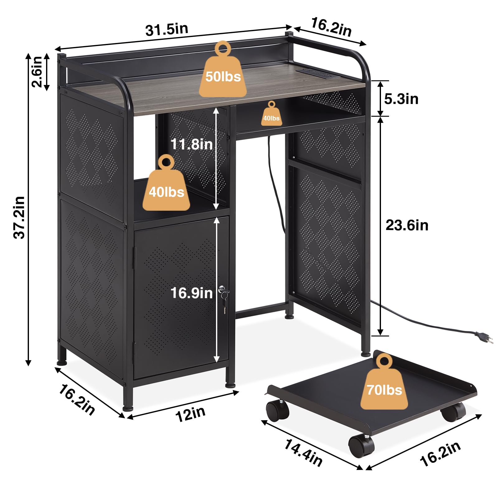 Heavy-Duty Printer Stand with Storage - Adjustable Printer Table with Power Outlet & USB Ports - Home Office Desk Organizer with Paper Shredder Shelf & PC Tower Stand on Wheels - Perfect for Workspace Organization & Multi-Functional Home Office Setup