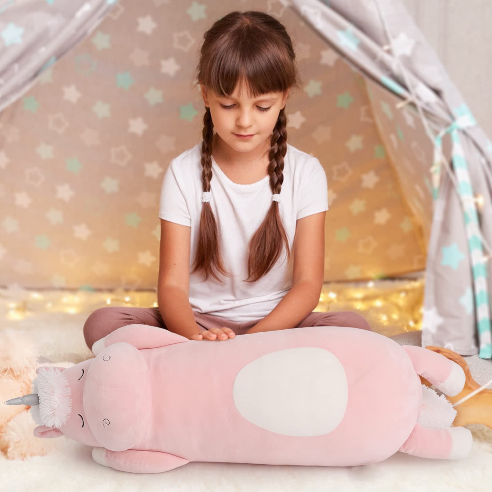 MorisMos 24 Inch Large Unicorn Body Pillow - Soft Plush Hugging Pillow for Girls, Cute Stuffed Animal Toy for Kids | Perfect for Bedtime, Birthday Gifts, and Special Occasions (Pink)