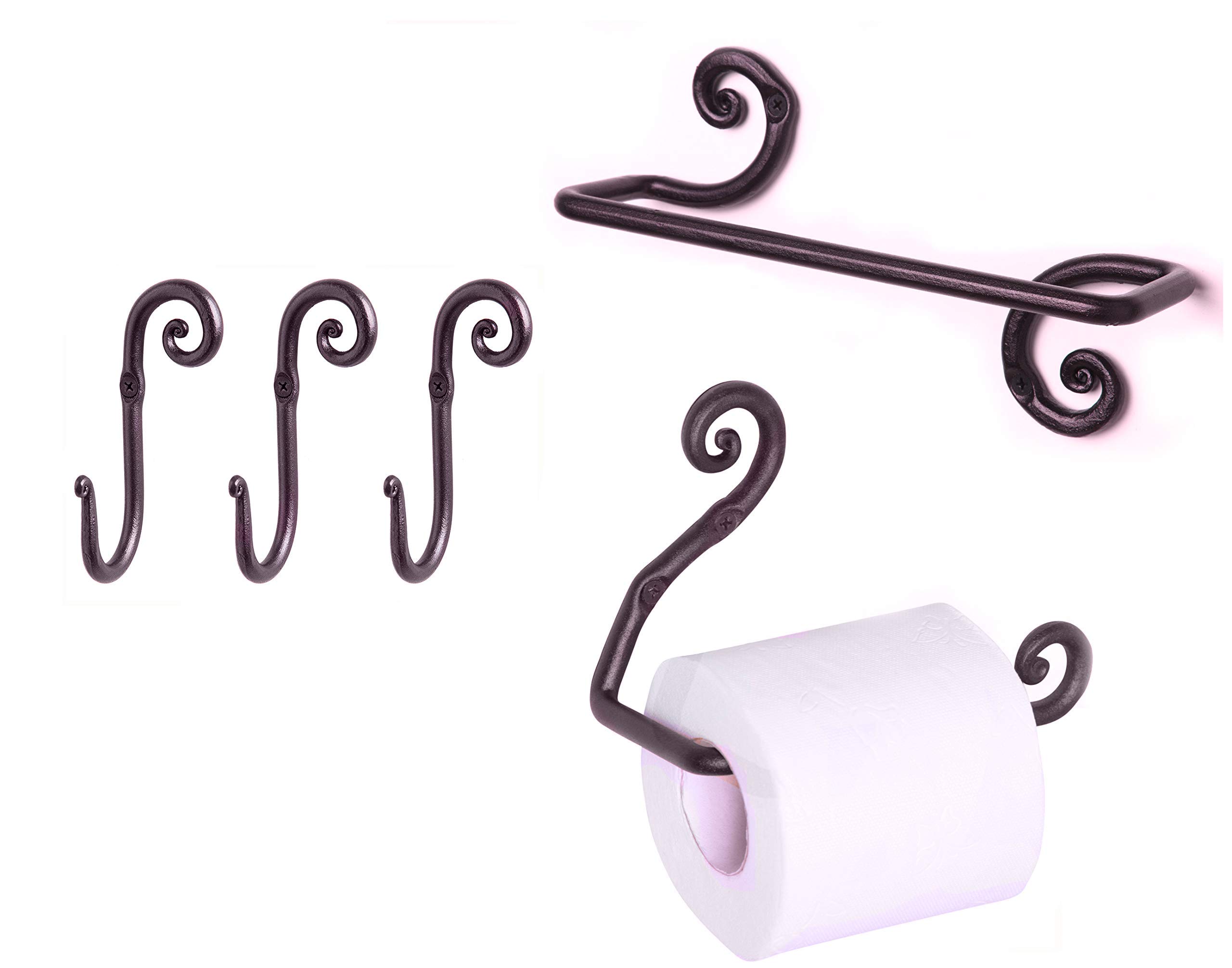 RTZEN Wrought Iron Bathroom Accessories Set - Decorative Hand Towel Bar, 3 Hooks & Toilet Paper Holder | Rustic Bathroom Decor for Powder Room, Guest Bath & Master Bath Organization