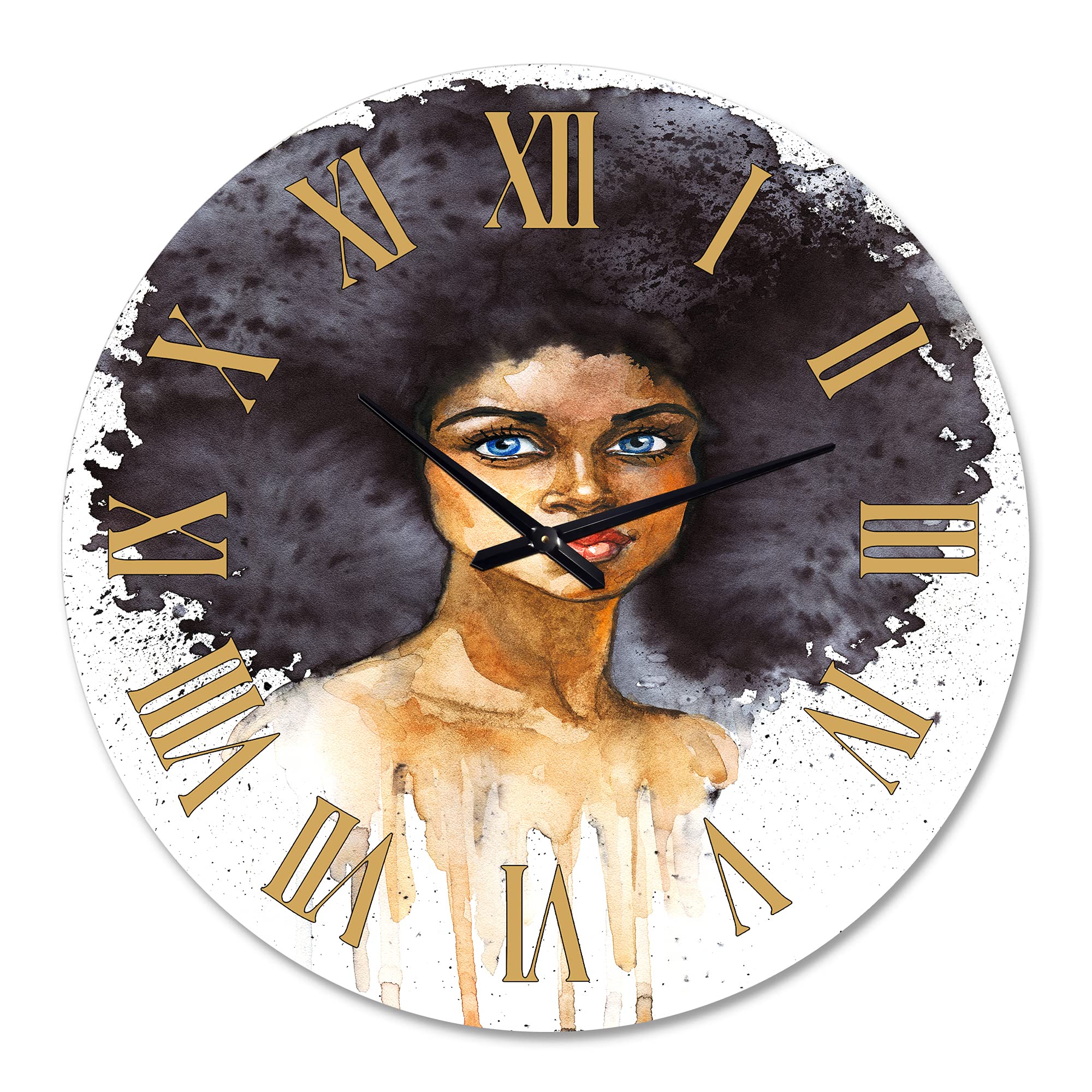 DesignQ Modern Wall Clock - Portrait of African American Woman X - Large Decorative Wall Clock for Office, Living Room & Bedroom - Unique Home & Office Decor Gift Idea