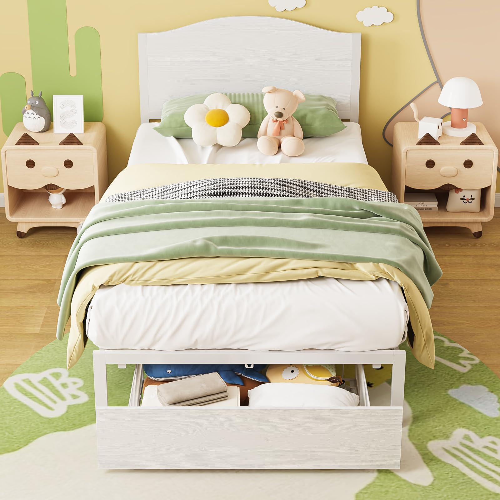 Timy Twin Bed Frame with Drawer & Wooden Headboard - Sturdy Metal Platform Bed for Kids, Boys & Girls - No Box Spring Needed - Quiet & Easy to Assemble - Perfect for Toddler Rooms, Guest Rooms & Small Spaces