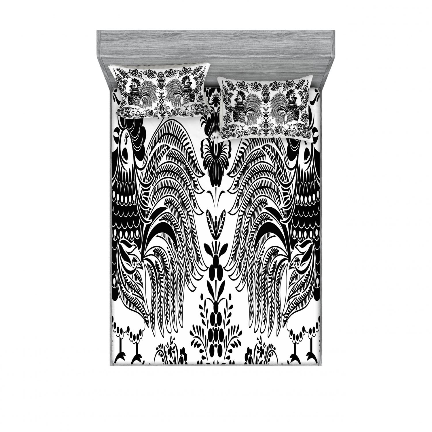 Lunarable Gallus 2-Pack Queen Size Fitted Sheet & Pillow Sham Set - Ukrainian Folk Tale Rooster Design, 4-Piece Bedding Decor (2 Fitted Sheets + 4 Pillow Covers) in White & Black - Perfect for Bedroom, Guest Room & Farmhouse Decor