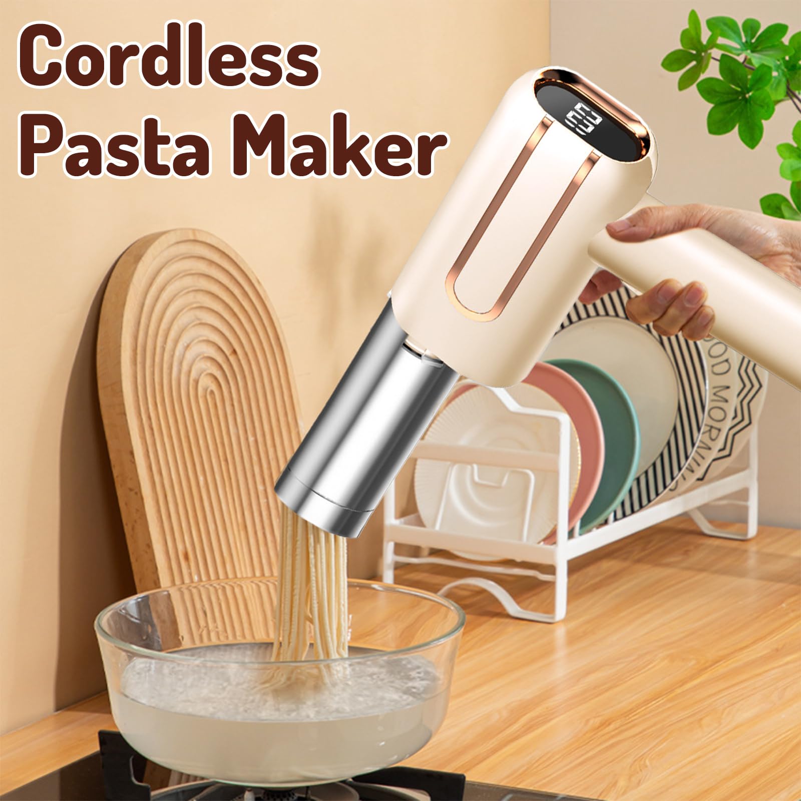 Electric Pasta Maker Machine - 4000mAh Rechargeable Battery, 5-in-1 Cordless Pasta Press with LCD Power Display & 6 Shaping Molds for Homemade Spaghetti, Ramen, Fettuccine - Perfect for Italian Cuisine, Family Cooking & Restaurant Use