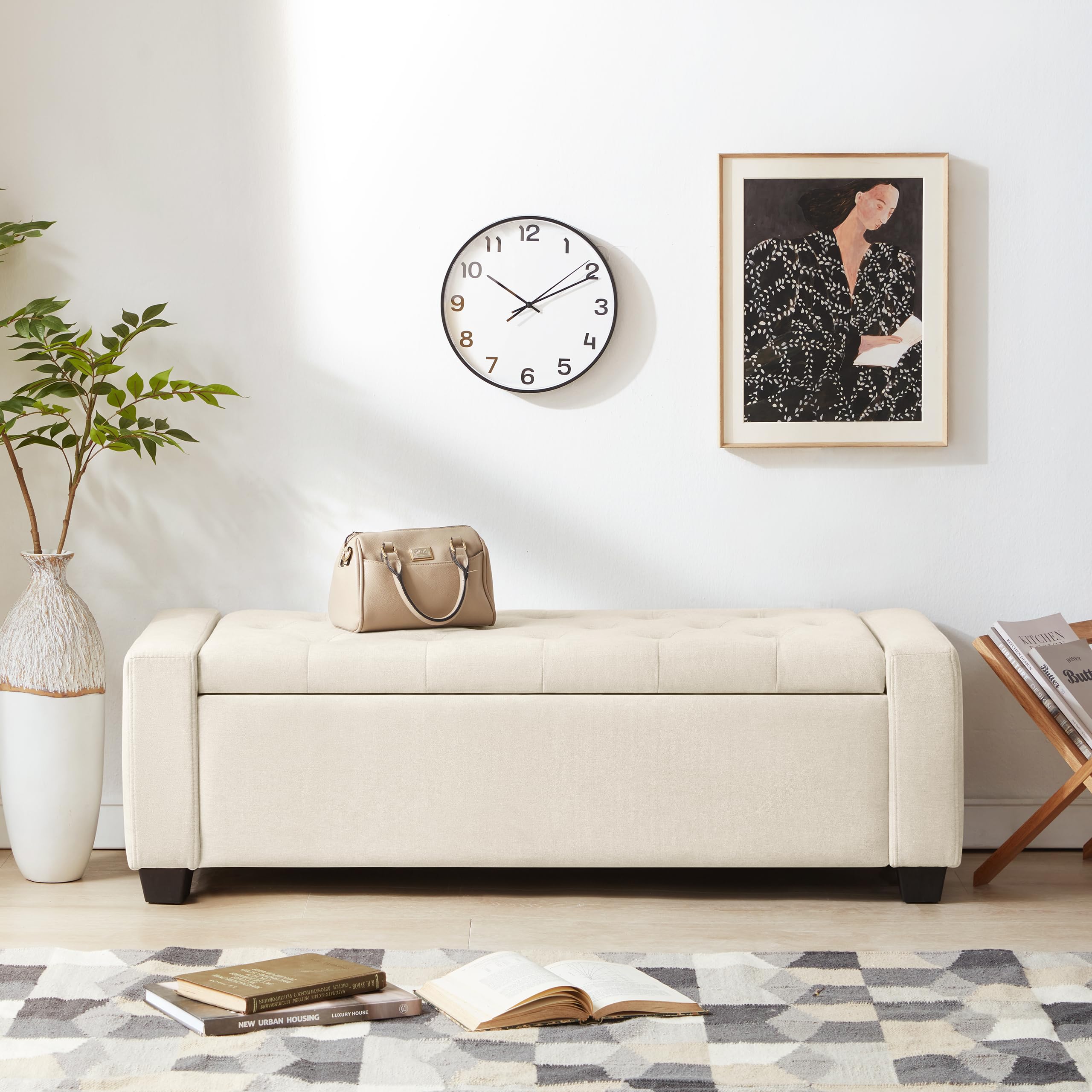 Upholstered Storage Ottoman Bench with Safety Hinge - 330 lb Capacity, Beige - Multi-Functional Seating & Storage Solution for Bedroom, Living Room, Entryway & Dorm