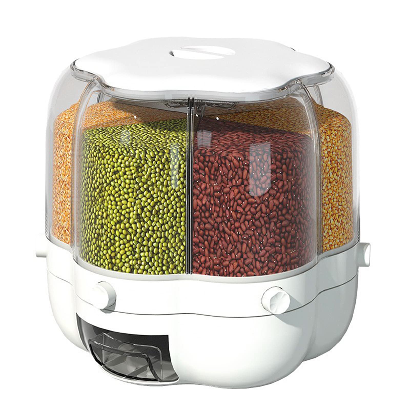 360° Rotating 6-Grid Food Dispenser - 15lb White Dry Food Storage Container for Rice, Grains & Coffee Beans | Countertop Cereal Organizer with Measuring Cup | Perfect for Kitchen Pantry Organization & Bulk Food Storage