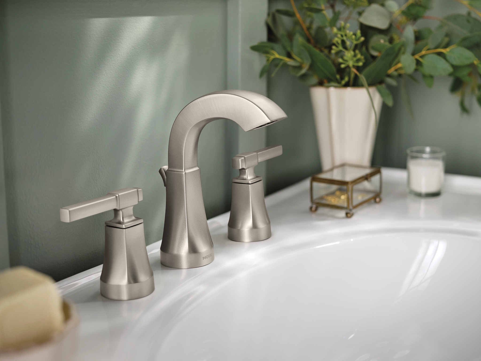 Ayda Spot Resist Brushed Nickel Two Handle High Arc Bathroom Faucet - Modern Waterfall Bathroom Sink Faucet for Vanity, Powder Room & Guest Bath Decor