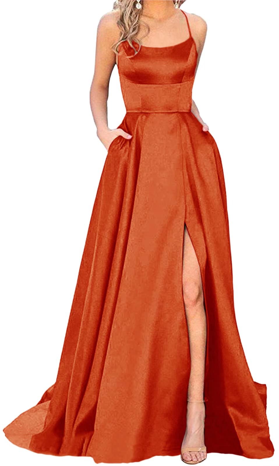 Elegant Women's Halter Prom Dresses - Long Side Split Backless Satin Formal Evening Gown with Pockets - Size 10 - Perfect for Prom Night, Homecoming, Cocktail Parties & Special Occasions