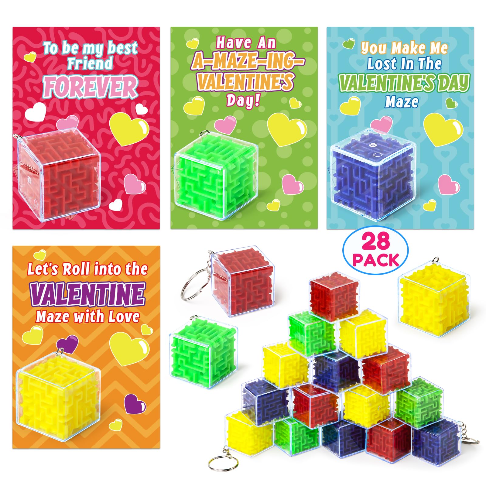 28 Pack Valentine's Day Cards for Kids with 3D Maze Puzzle Toys - Classroom Exchange Gifts, School Party Favors & Fun Keychains | Perfect for Valentine's Classroom Activities, Student Gifts & Holiday Celebrations