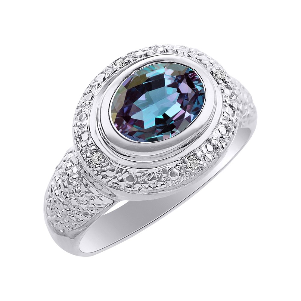 Diamond & Simulated Alexandrite Sterling Silver Ring Set with Diamond Halo - Color Stone Birthstone Jewelry for Women | Perfect for Anniversary, Engagement & Special Occasion Gifts