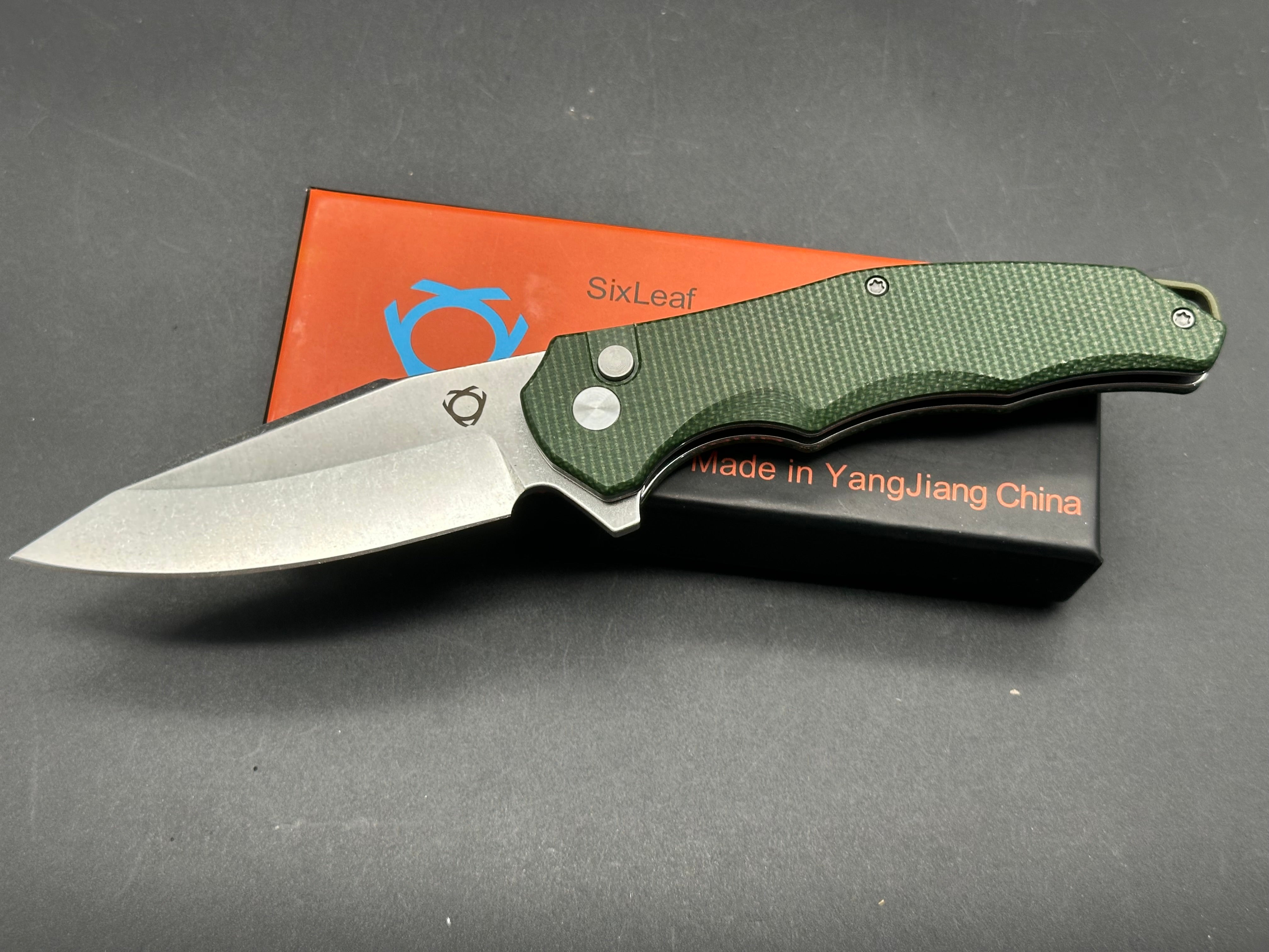 SIXLEAF Folding Pocket Knife with Green Micarta Handle - 8CR13MOV Stainless Steel Blade - Compact EDC Knife for Camping, Hiking & Outdoor Adventures
