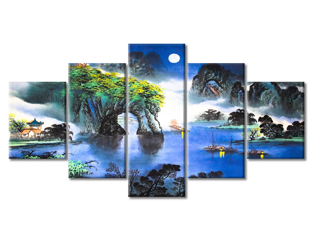 5 Panels Chinese Black and White Landscape Painting - Seascape Wall Art with Wooden Frame, Ready to Hang (60
