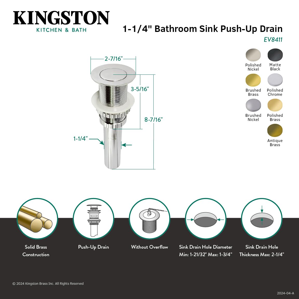 Kingston Brass EV8417 Coronet Push Pop-Up Bathroom Sink Drain - Brushed Brass Finish, 8.44