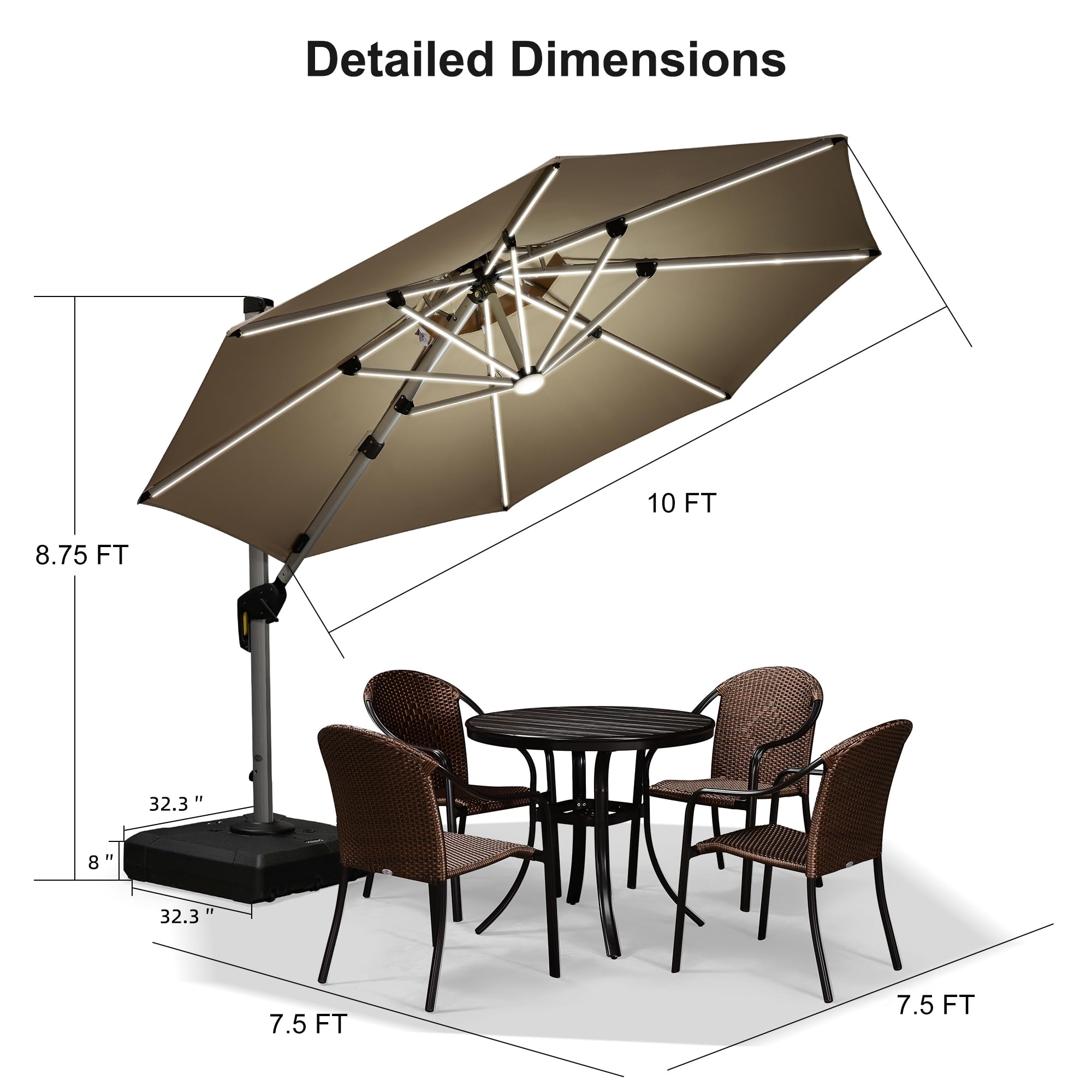 PURPLE LEAF 10ft Solar Powered LED Cantilever Patio Umbrella with Base - Windproof Outdoor Offset Umbrella with LED Lights for Garden, Deck, Pool & Patio (Beige) | Perfect for Backyard Lounging, Poolside Relaxation and Outdoor Dining