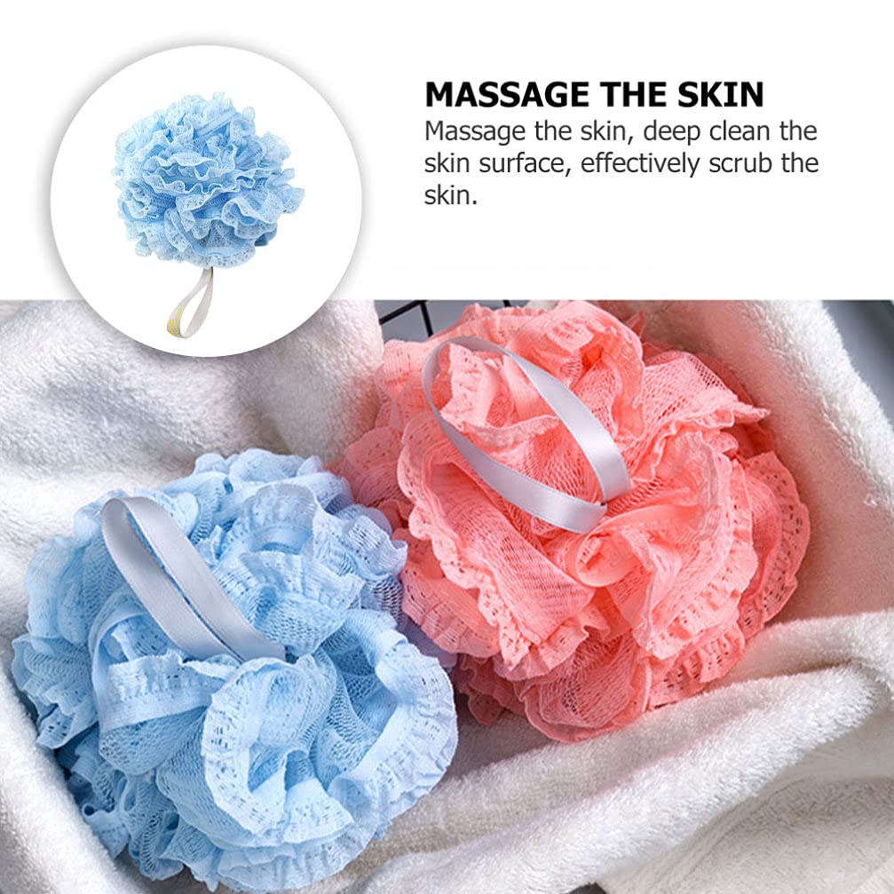 SOLUSTRE 3-Pack Soft Mesh Bath Sponges - Exfoliating Shower Pouf with Lace Design, Gentle Body Scrubber for Adults & Baby, Perfect for Daily Cleansing & Skin Care Routine (Blue/White/Pink) - Ideal for Sensitive Skin, Spa Days & Family Bath Time