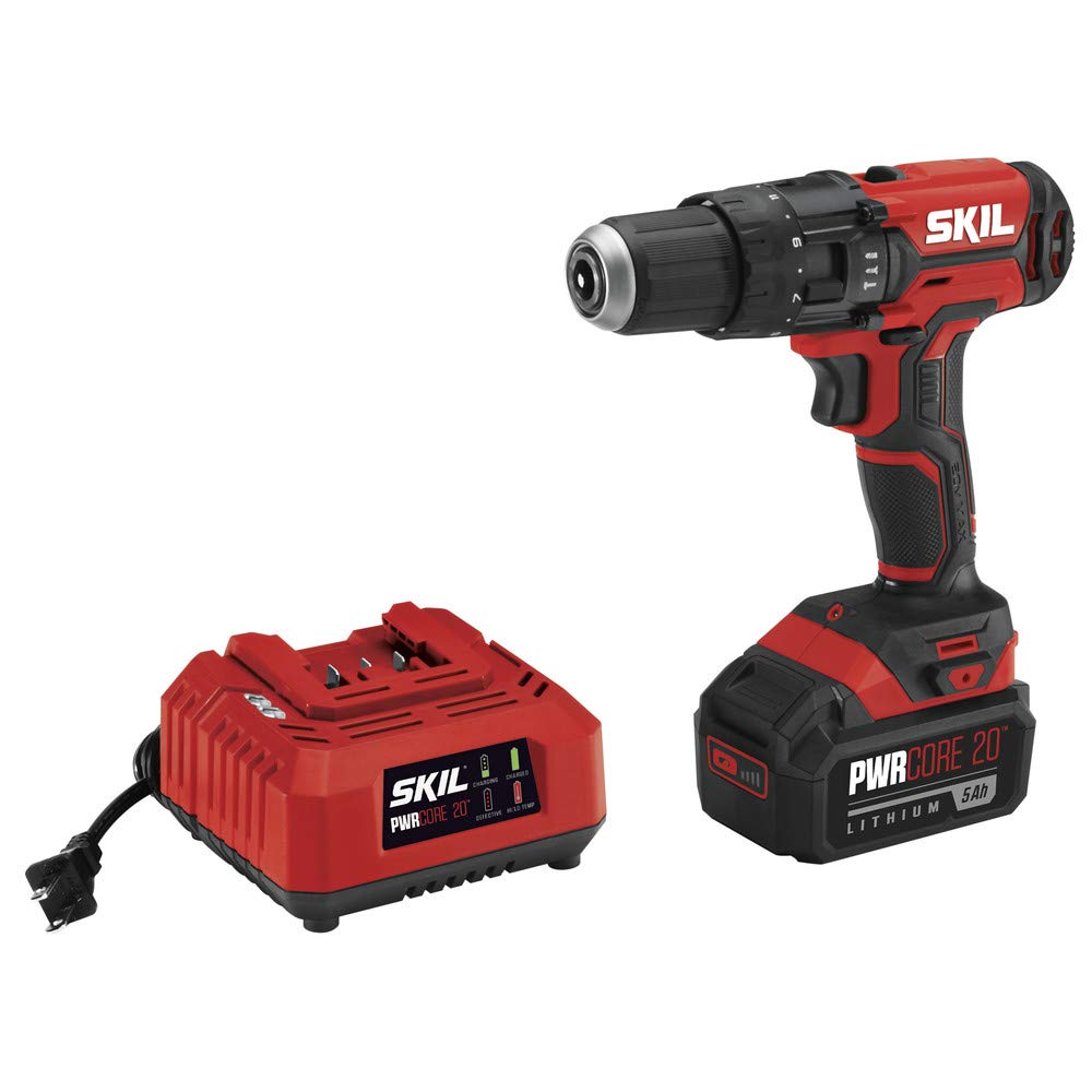 Skil PWRCore 20 Brushless Hammer Drill with 2.0Ah Lithium-Ion Battery & Fast Charger - Powerful Cordless Drill for Home DIY Projects, Woodworking, and Construction Work