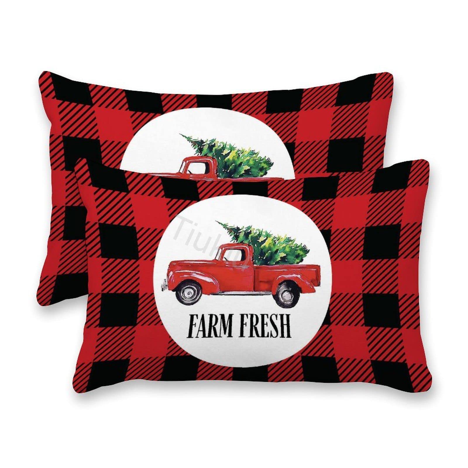 **2-Pack Canvas Christmas Truck Buffalo Plaid Lumbar Pillow Covers - 12x18 Inches Decorative Throw Pillow Cases for Couch, Sofa, Bed & Living Room - Perfect for Holiday Home Decor & Seasonal Accents**