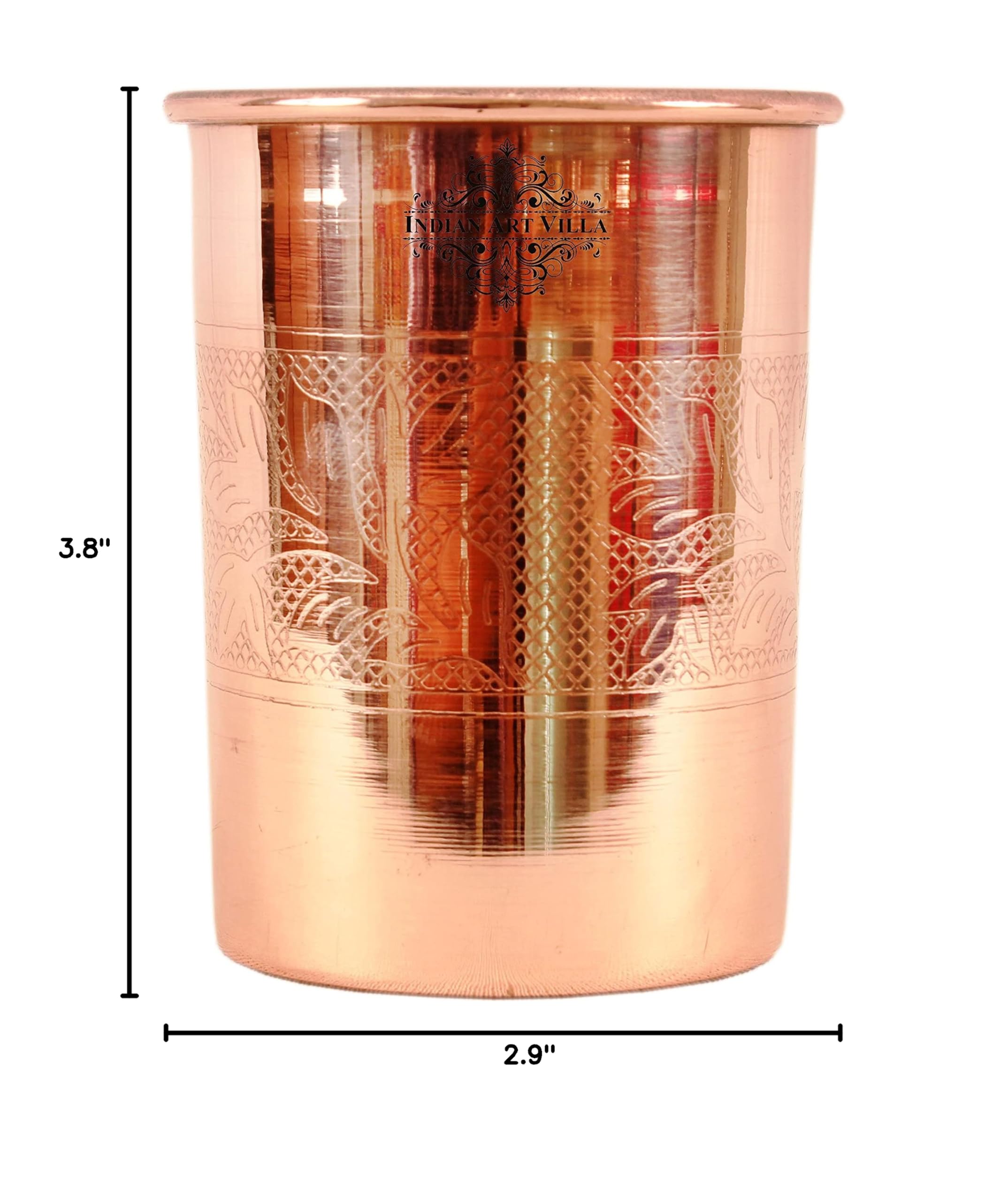 Handcrafted 10 oz Copper Tumbler Set of 6 - Engraved Leaf Design Indian Art Villa Drinkware | Perfect for Home, Kitchen, Restaurants & Gifts | Ideal for Water, Juice, Cocktails & Ayurvedic Drinks