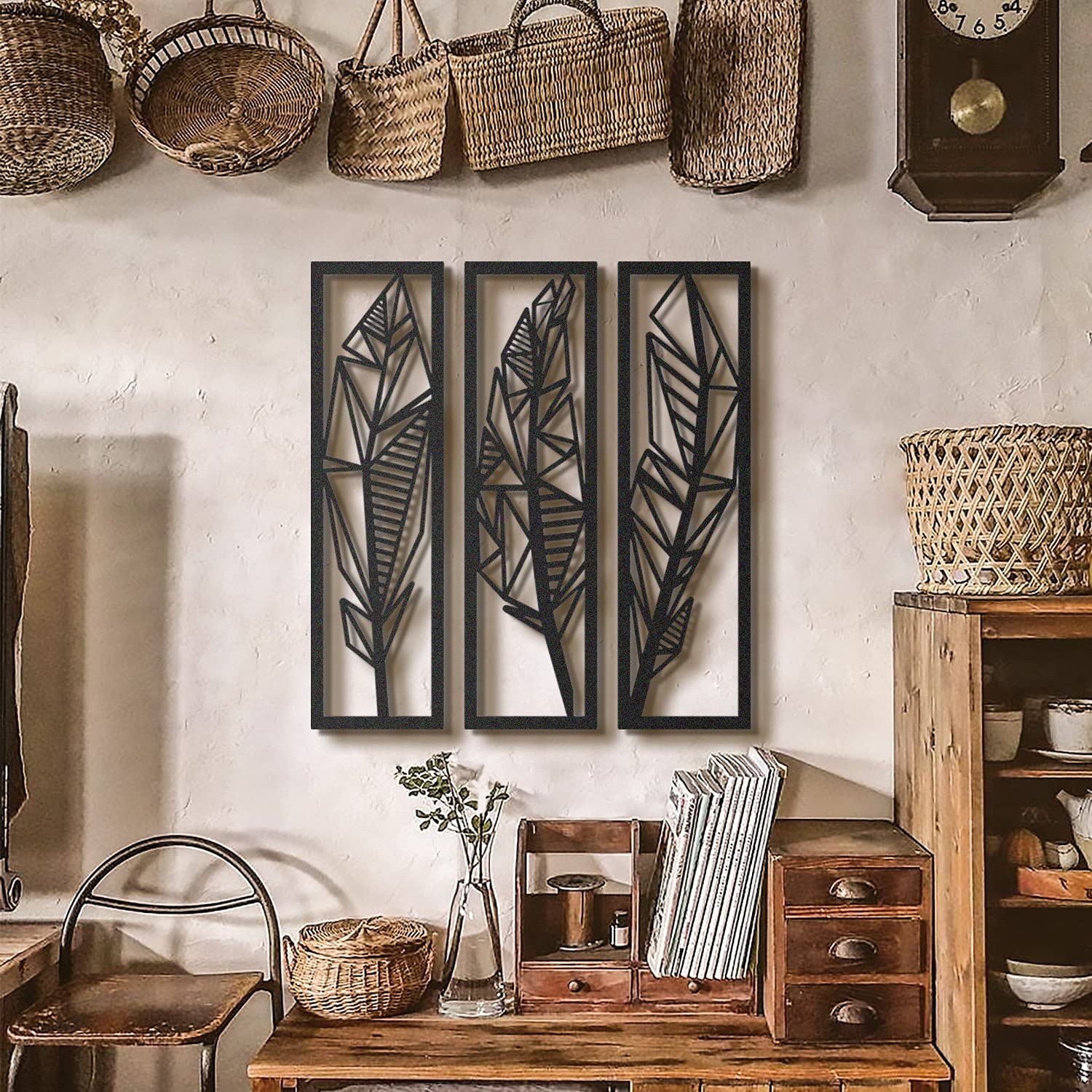 LaModaHome - 3-Piece Feather Metal Wall Art Set, Modern Wall Decor for Living Room, Bedroom, Kitchen & Bathroom - Indoor/Outdoor Decorative Wall Hangings | Perfect for Home, Office & Patio Decor