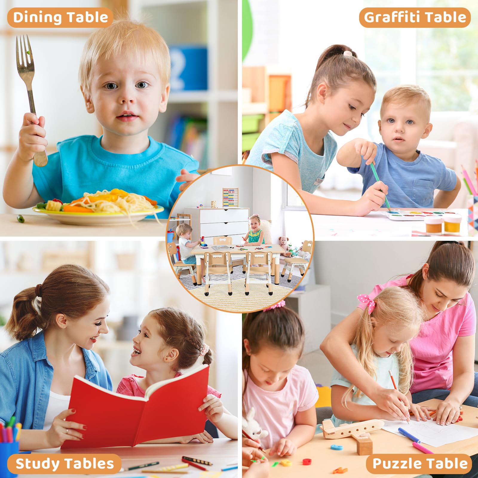 Arlopu Adjustable Height Kids Table and 6 Chairs Set - Graffiti Art Craft Activity Table for Preschoolers Ages 3-12 | Perfect for Daycare, Classroom & Home Use (Beige) - Ideal for Drawing, Painting & Creative Play