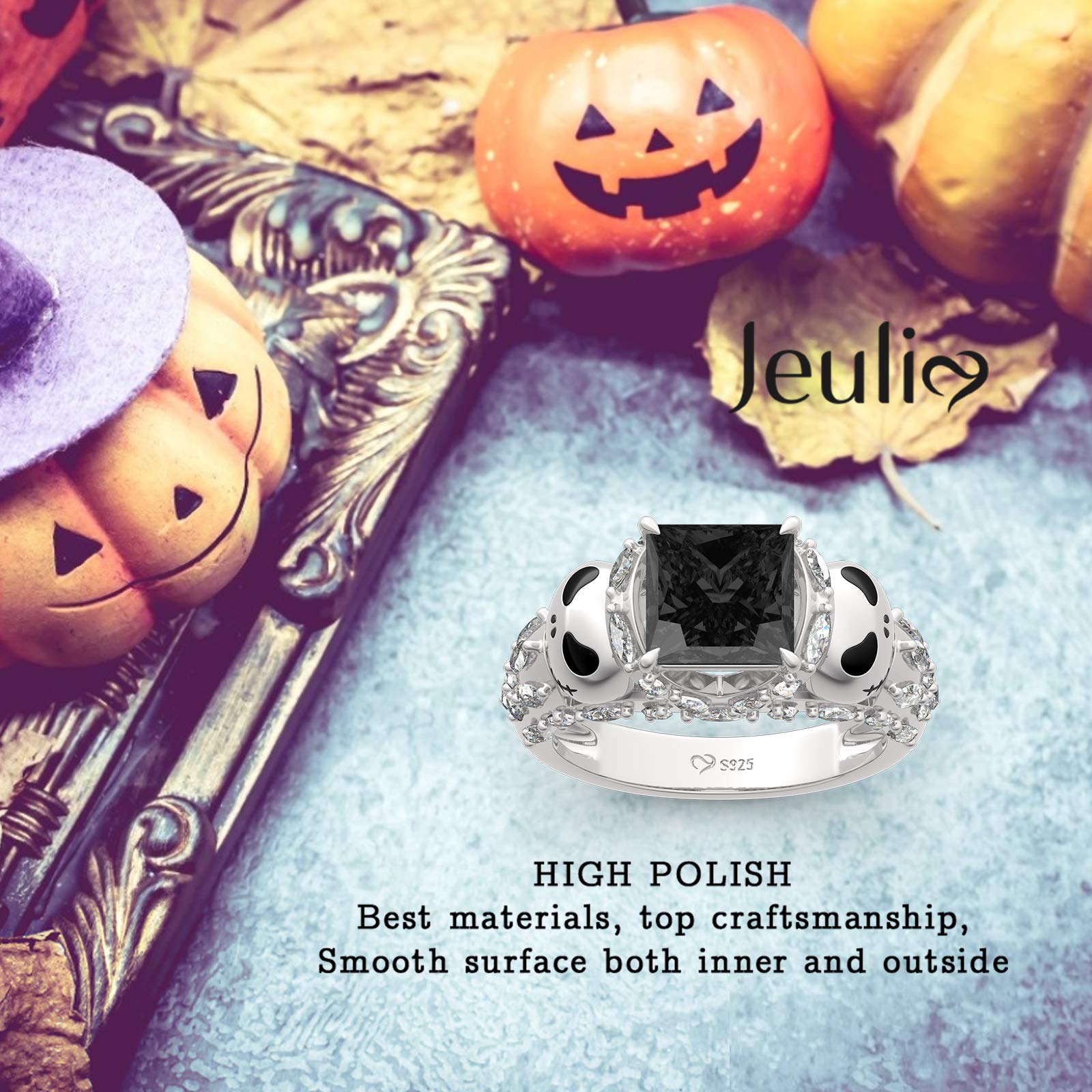 Jeulia Jack and Skellington Rings for Women - Nightmare Before Christmas Inspired 925 Sterling Silver Skull Band Ring with Princess Cut - Romantic Anniversary Promise Ring for Her, Teen Girls - Perfect for Halloween, Cosplay, and Gothic Fashion