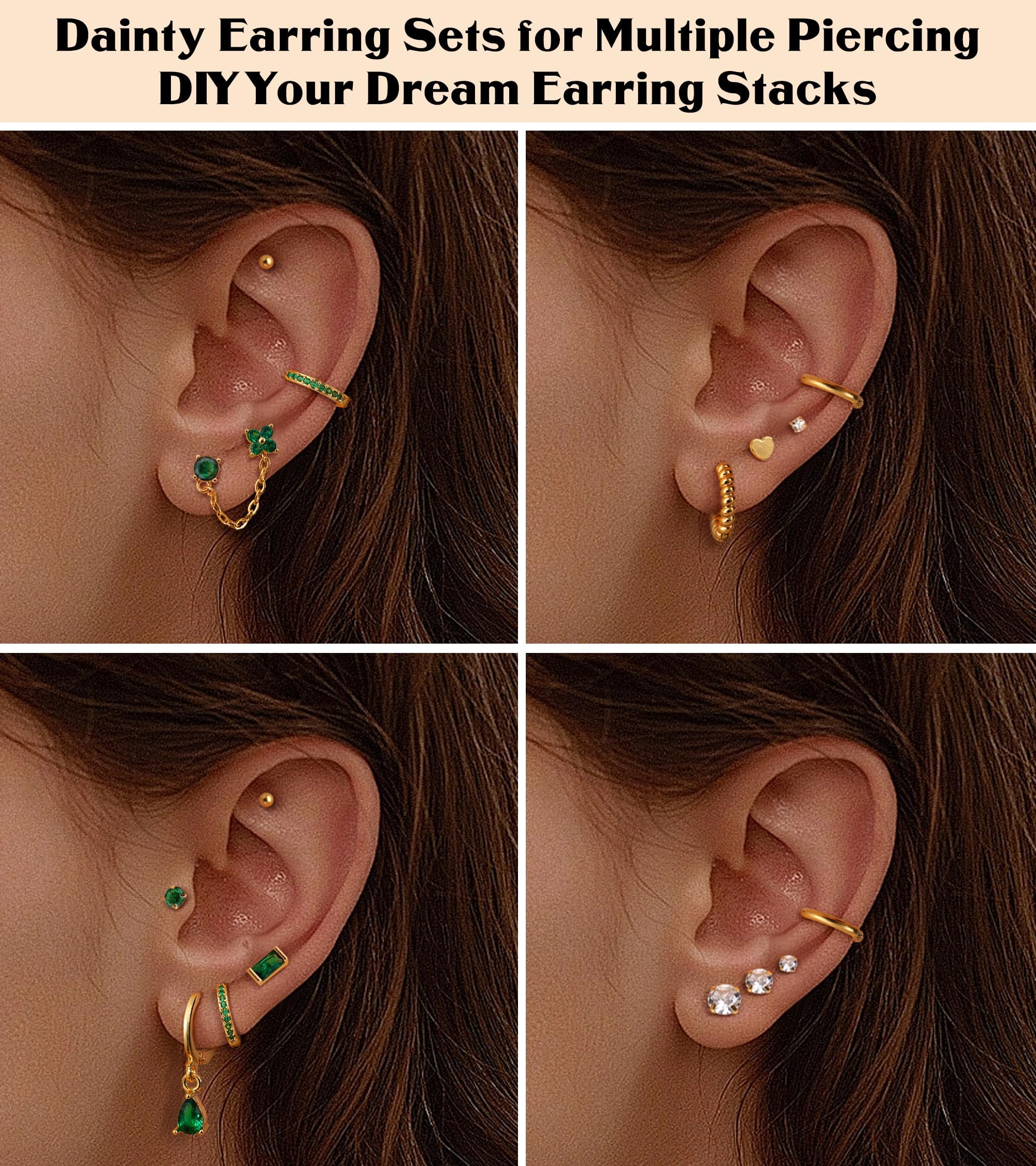 FIOROYAL 25Pcs Hypoallergenic Surgical Steel Earrings Set for Women - Stud, Hoop, Snake, Butterfly, CZ Chain Dangle & Emerald Green Earrings | Gold Helix Piercing Jewelry for Girls | Perfect for Parties, Gifts & Everyday Wear