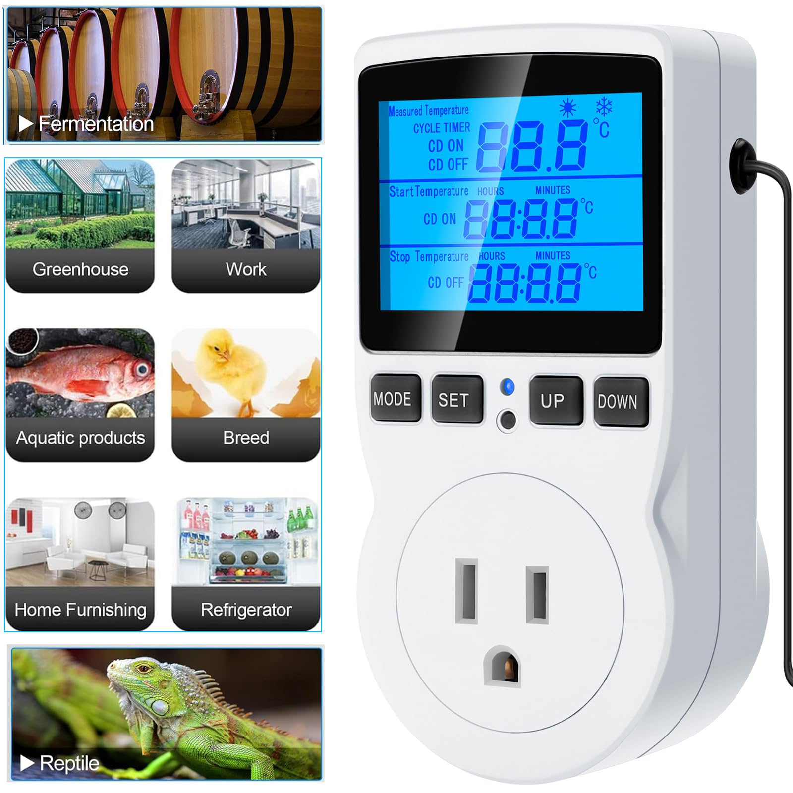 Digital Temperature Controller with Countdown Timer - Smart Thermostat for Reptile Tanks, Aquariums, Greenhouses & Terrariums - Day/Night Mode, LCD Backlight, Heating & Cooling Function - Perfect for Reptile Habitats, Fish Tanks & Plant Growth