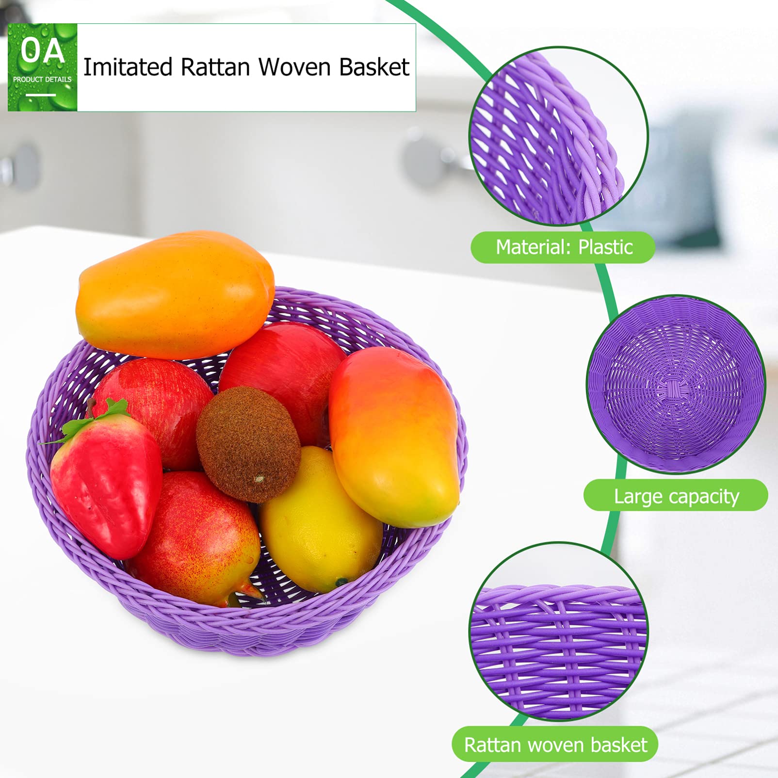 BESPORTBLE Purple Plastic Bread Basket - Round Woven Storage Basket for Kitchen, Toys, Fruits | Rattan Bread Box & Home Decor Organizer | Perfect for Dining, Picnics & Pantry Organization