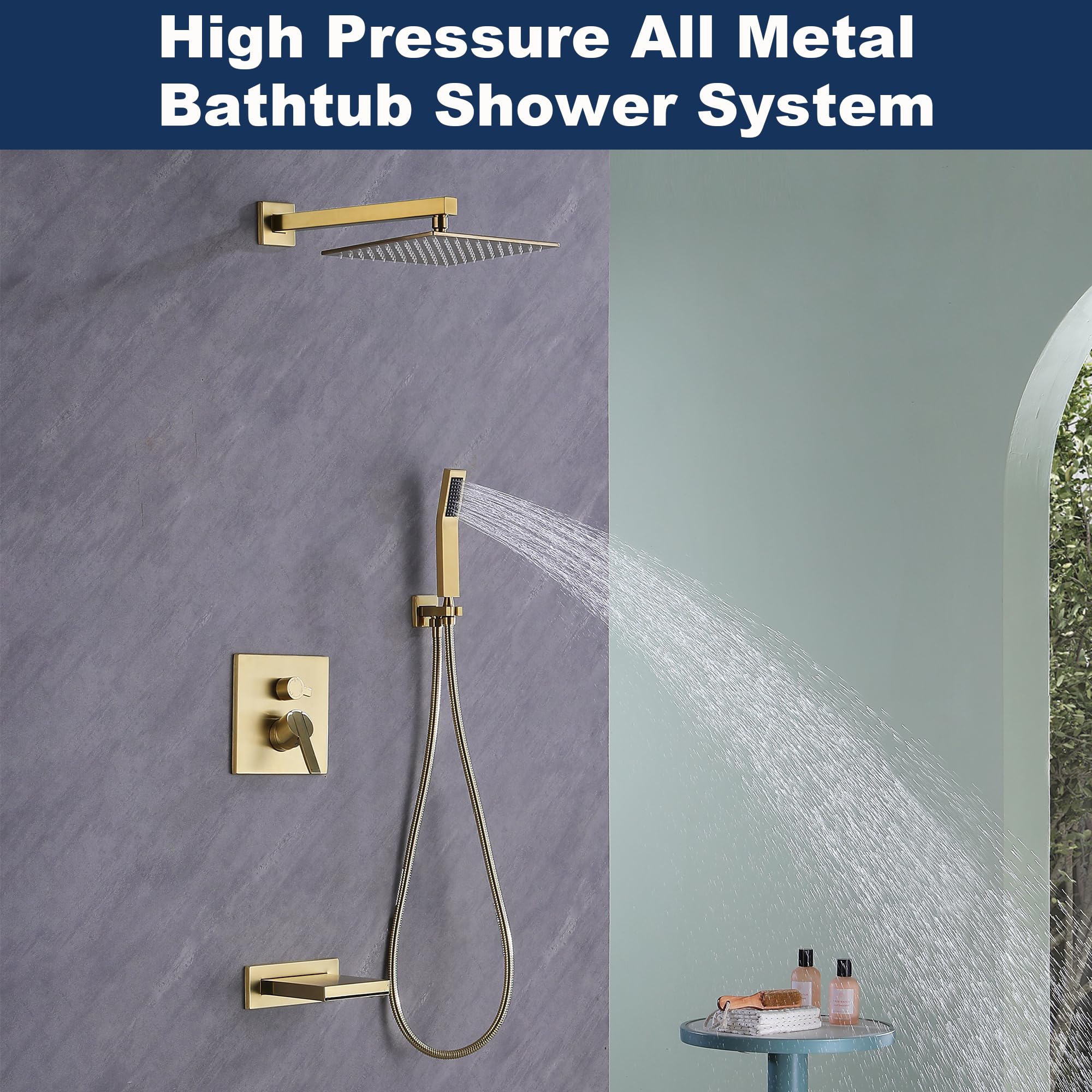 Premium Brushed Gold Shower System - 10 Inch Rain Shower Head & Handheld Shower Set with Tub Spout - All Metal High Pressure Bathtub Faucet (Valve Included) - Perfect for Luxury Bathroom Renovation & Spa-Like Shower Experience