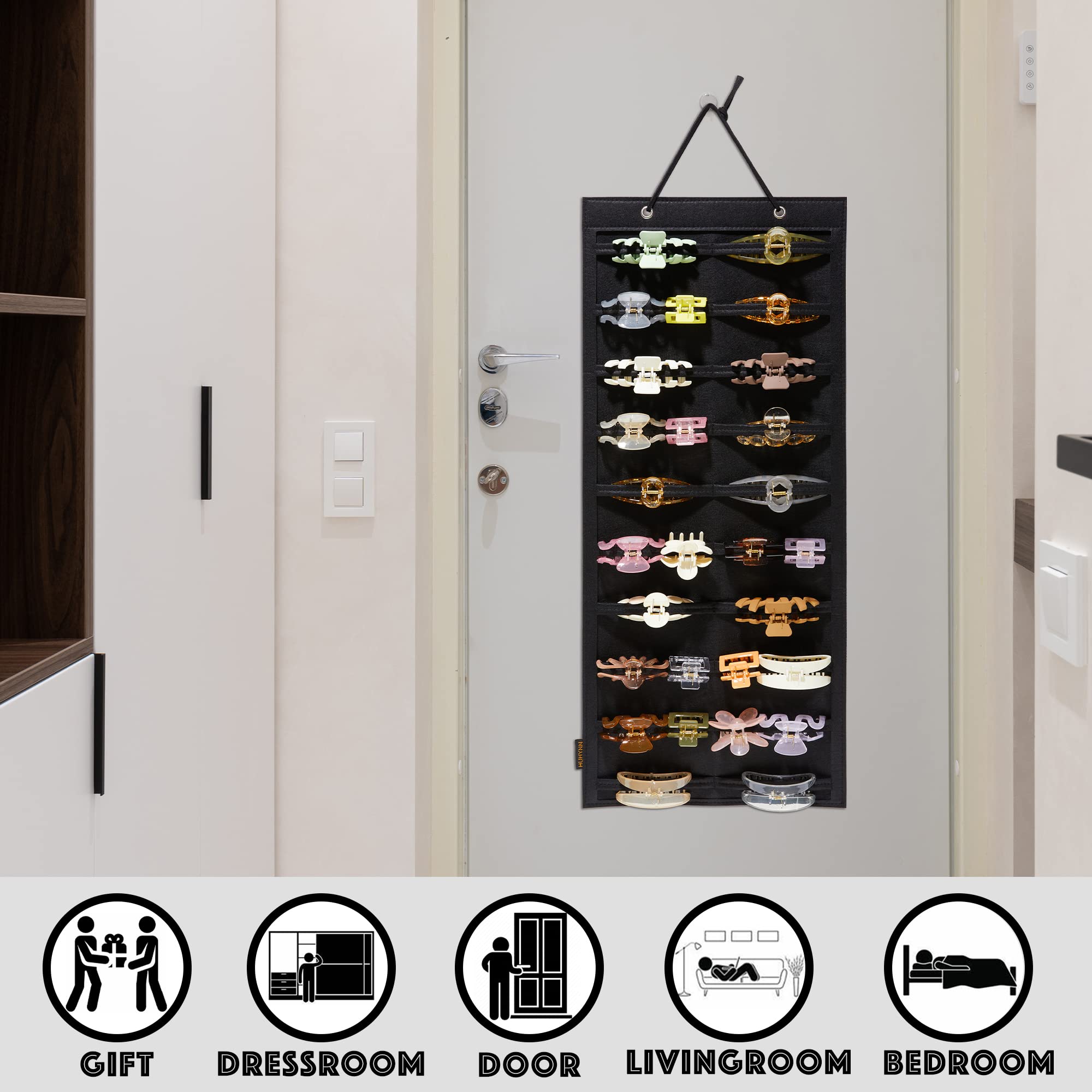 Wall Mounted Hair Claw Clip Organizer for Women & Girls - Black Hair Accessory Storage Holder for Closet, Door, or Bathroom - Perfect for Home, Dorm, and Travel Organization