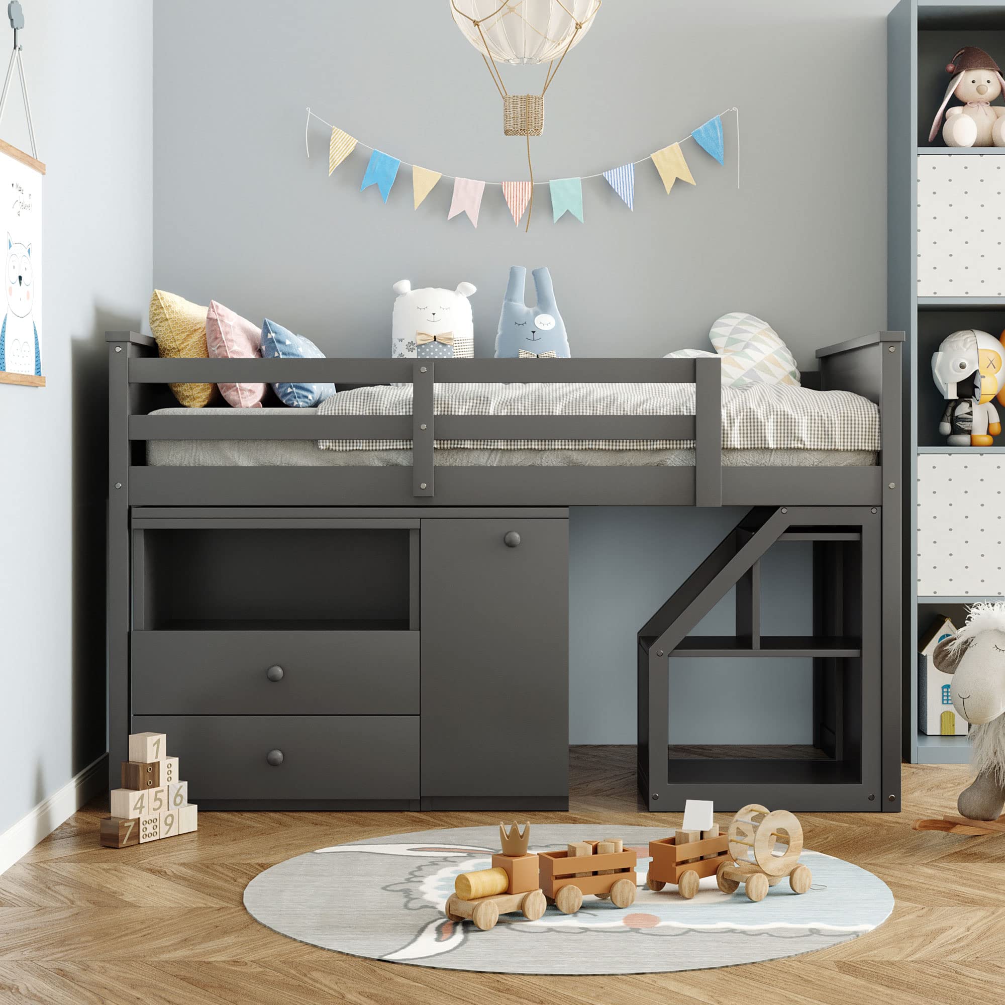 SOFTSEA Kids Loft Bed with Desk & Storage - Twin Study Bed for Small Spaces (Gray)