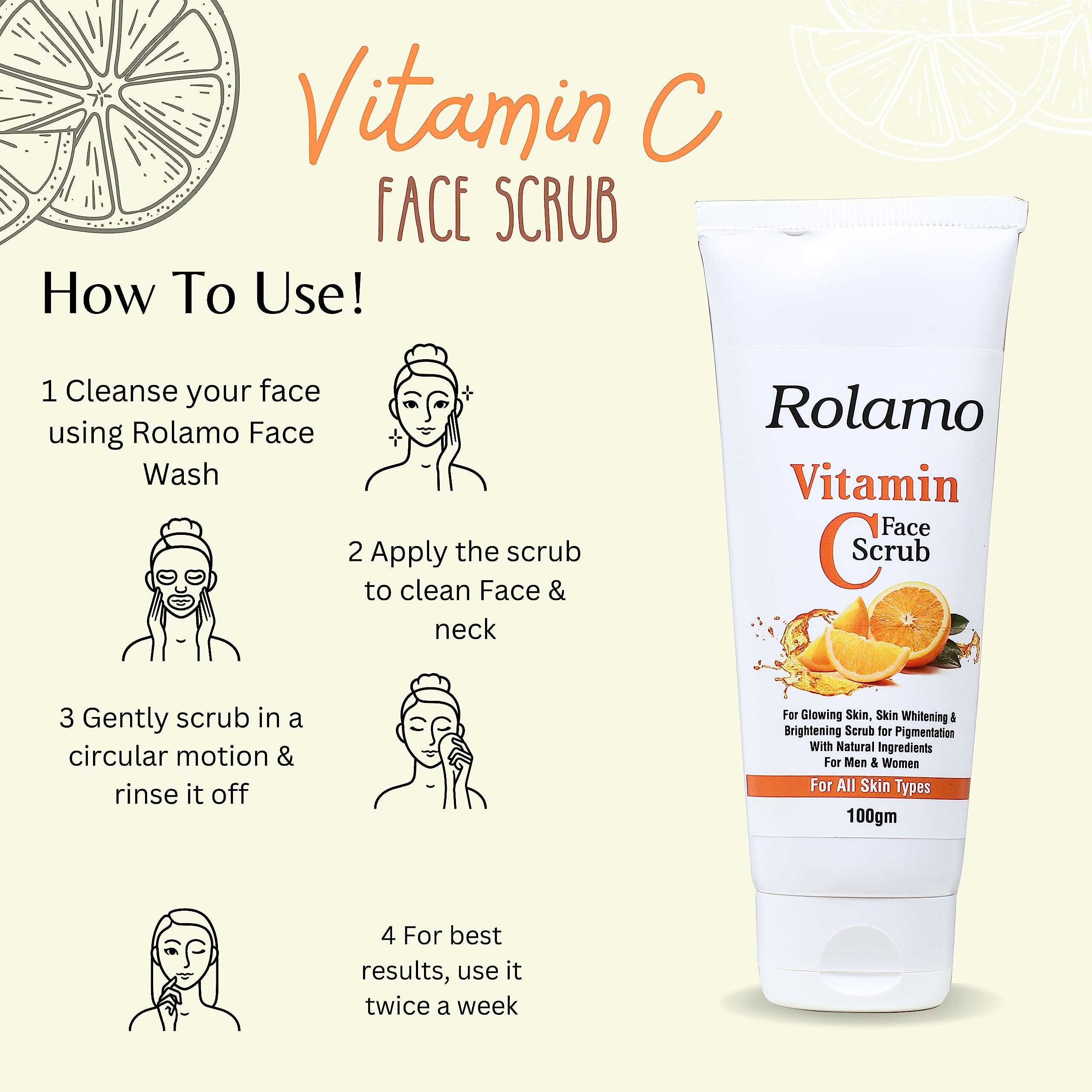 Rolamo Vitamin C Face Wash & Scrub Combo Pack (100ml x 2) - Brightening, Tan Removal & Pollution Protection for All Skin Types | Daily Skincare Routine for Glowing Complexion