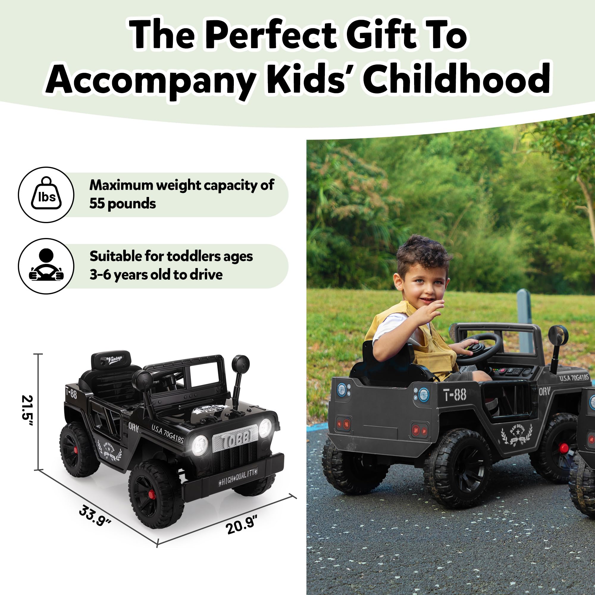 TOBBI 12V Kids Electric Ride On Toy Car - Battery Powered Off-Road Truck with LED Lights, Horn & Suspension - Best Gift for Boys & Girls Ages 3-6 (Black) - Perfect for Outdoor Play, Birthday Presents & Backyard Adventures