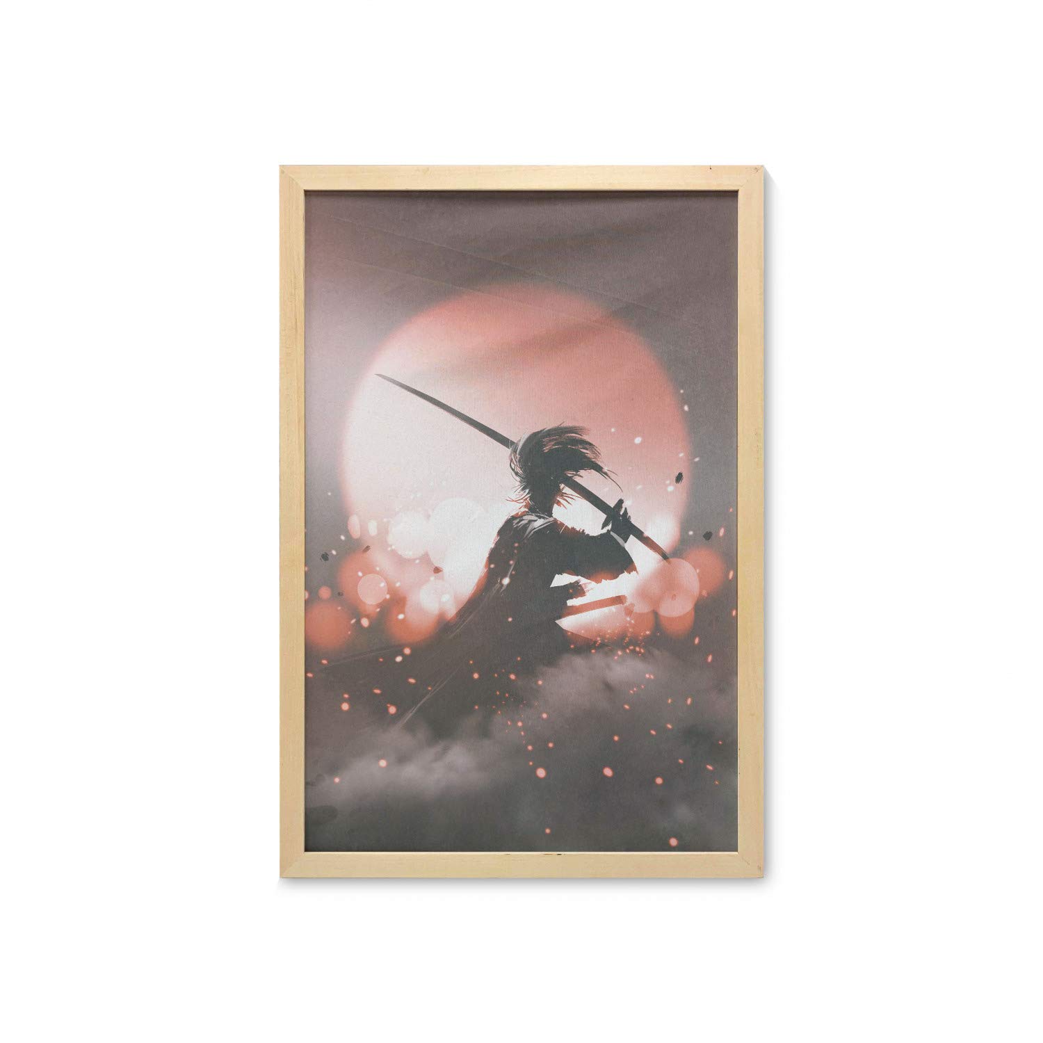 Ambesonne Japanese Samurai Wall Art Print with Frame - Sunset Reflection Battle Scene Fabric Poster 23