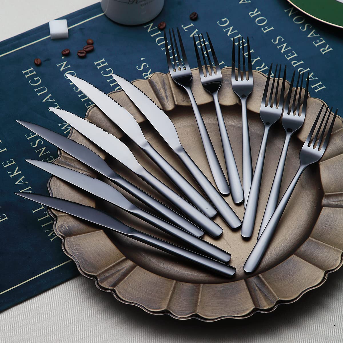 Premium 12-Piece Black Steak Knives Set - 6 Stainless Steel Steak Knives & 6 Dinner Forks for 6 People | Dishwasher Safe, Rust-Resistant | Perfect for Steak Dinners, BBQs, and Fine Dining (Shiny Black)