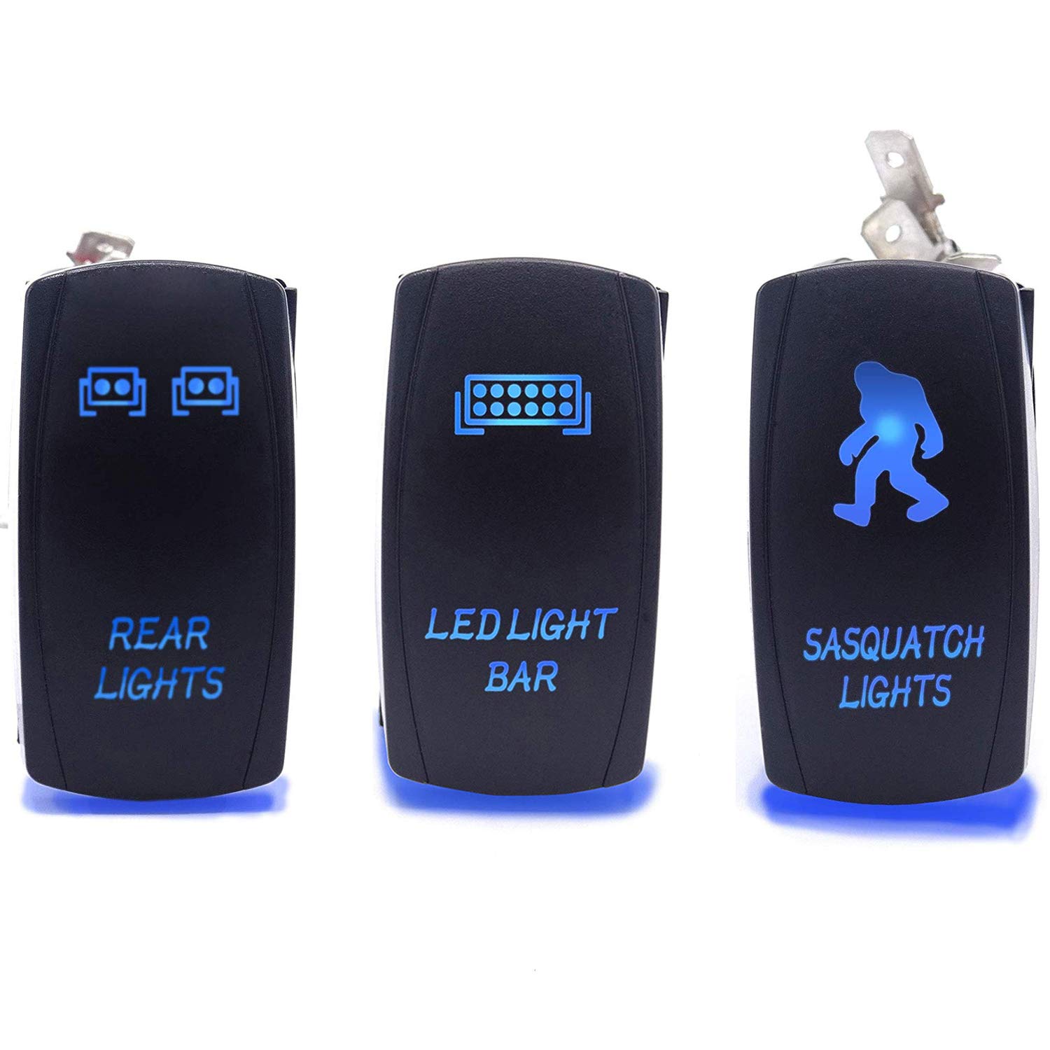 Dasen Rocker Switch 3PCS - Laser Etched Sasquatch, Rear & LED Lights Toggle Switch (Blue) - Compatible with ATV UTV SUV - Perfect for Off-Roading, Camping & Vehicle Customization