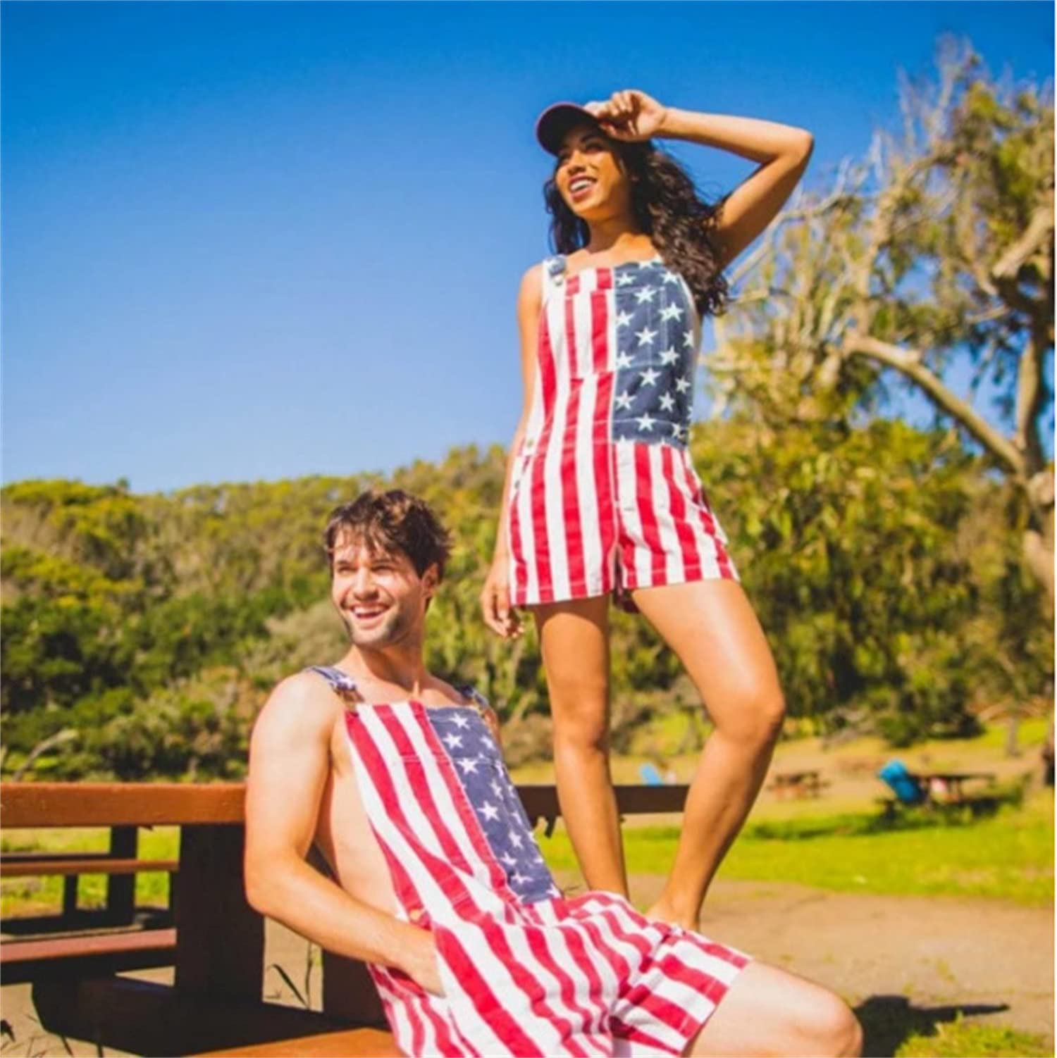 Men's Denim Overalls Shorts - Adjustable Strap Bib Romper with USA Flag Print & Pockets (Red, X-Large) - Perfect for Summer BBQ, 4th of July Parties & Casual Outings