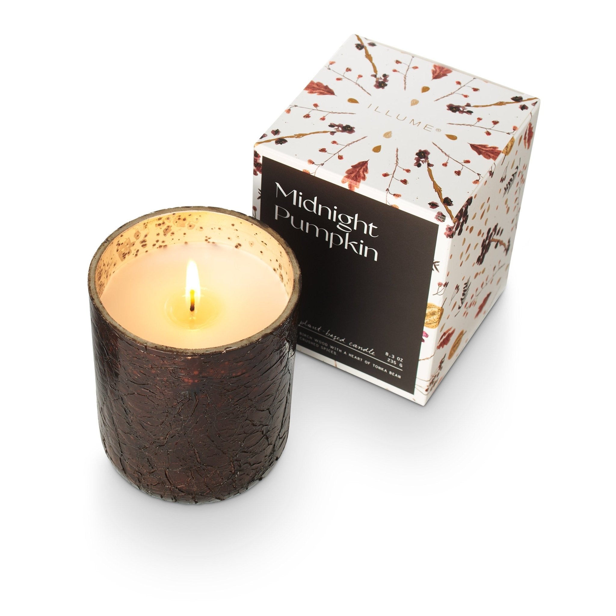 Midnight Pumpkin Scented Crackle Glass Candle - Small Gift Boxed Soy Wax Candle for Home Decor, Fall & Halloween Decorations, Cozy Autumn Ambiance, Romantic Dinner Lighting