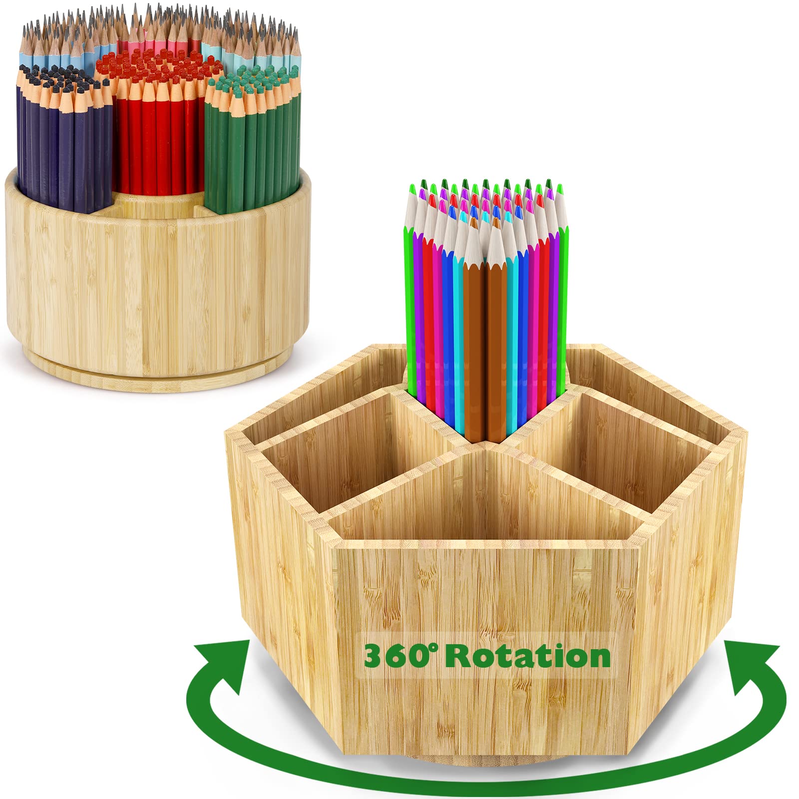 Bamboo Rotating Hexagon and Round Art Supply Organizer - 7 Compartment Desktop Storage Box for Pens, Colored Pencils, Art Brushes | Perfect for School, Office, Art Studio & Craft Room Organization