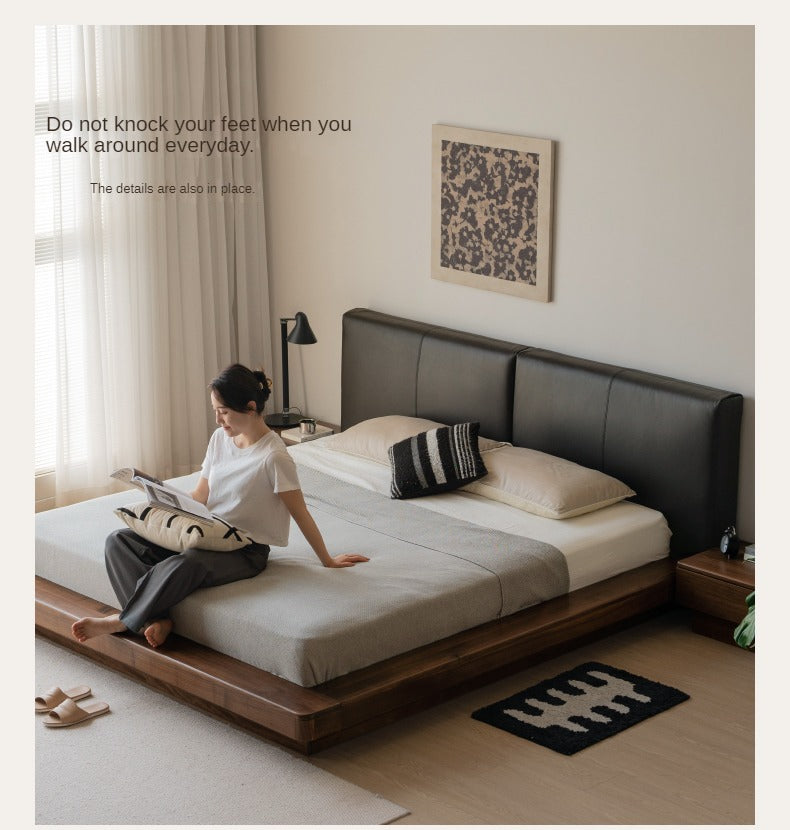 Premium Black Walnut Solid Wood Leather Upholstered Floating Bed Frame - Modern Platform Bed for Bedroom, Guest Room, or Master Suite