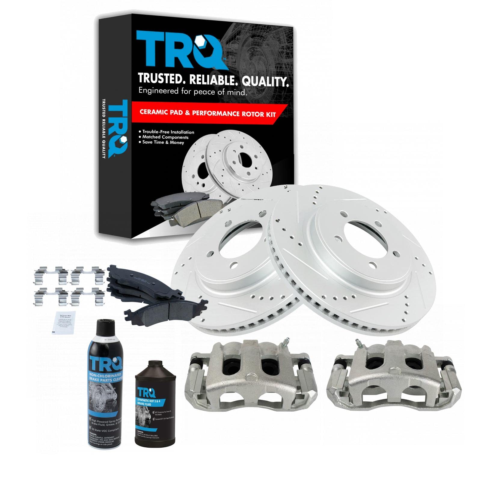 TRQ Front Ceramic Brake Pad Kit with Performance Rotor & Caliper - Compatible with Ford F150, F250, Mustang | High-Temperature Resistance, Low Noise | Perfect for Off-Roading, Towing & Daily Driving