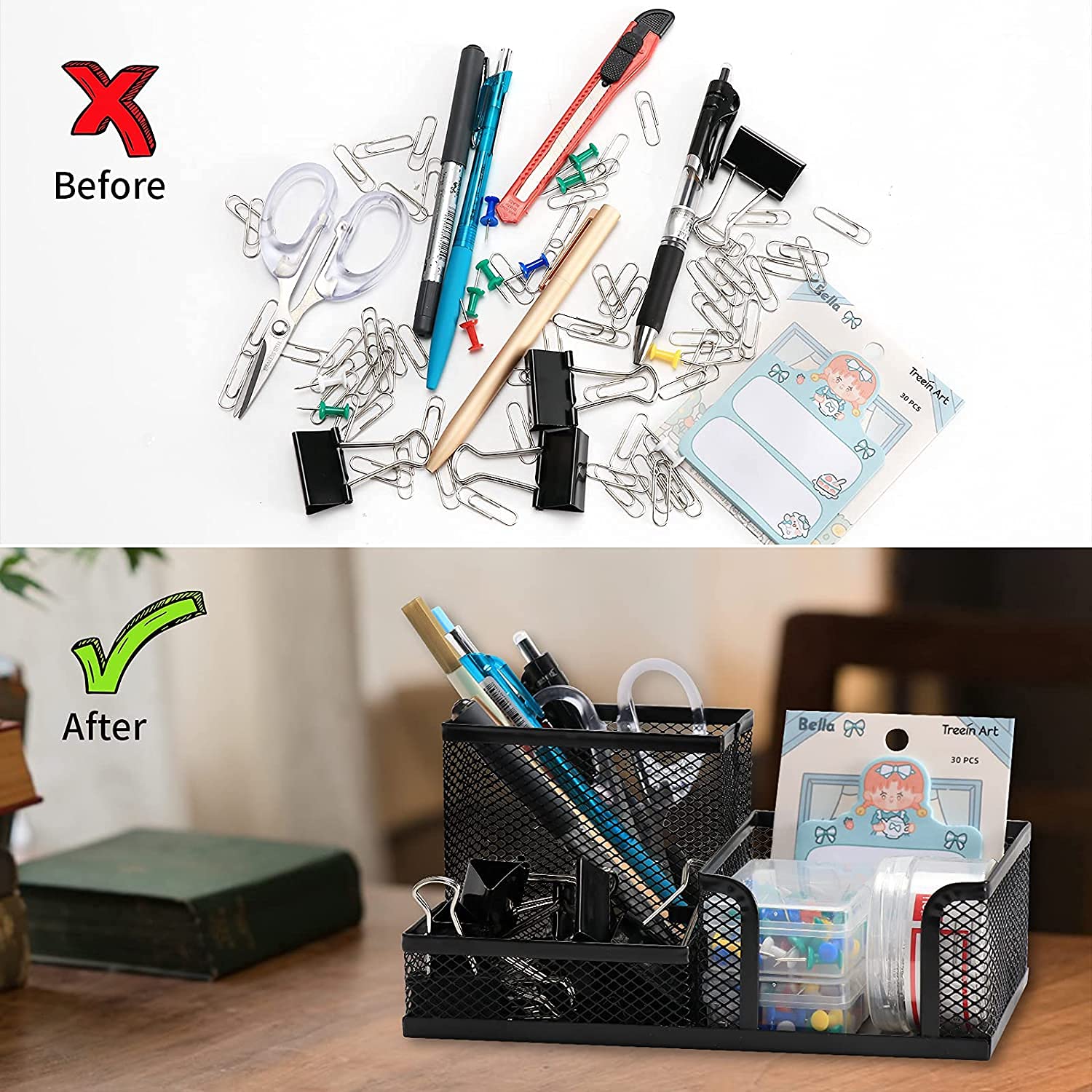 EXOFC 3-Compartment Metal Desk Organizer - Black Pen Holder & Office Supplies Caddy for Home, School, or Office Workspace | Perfect for Organizing Stationery, Markers, and Desk Accessories